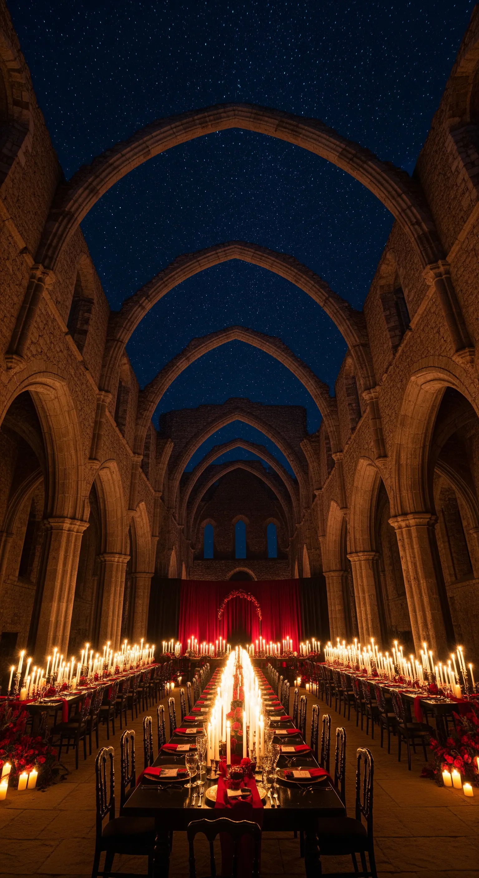Lange Tafel in einer kirchenartigen Ruine unter Sternenhimmel mit Kerzen