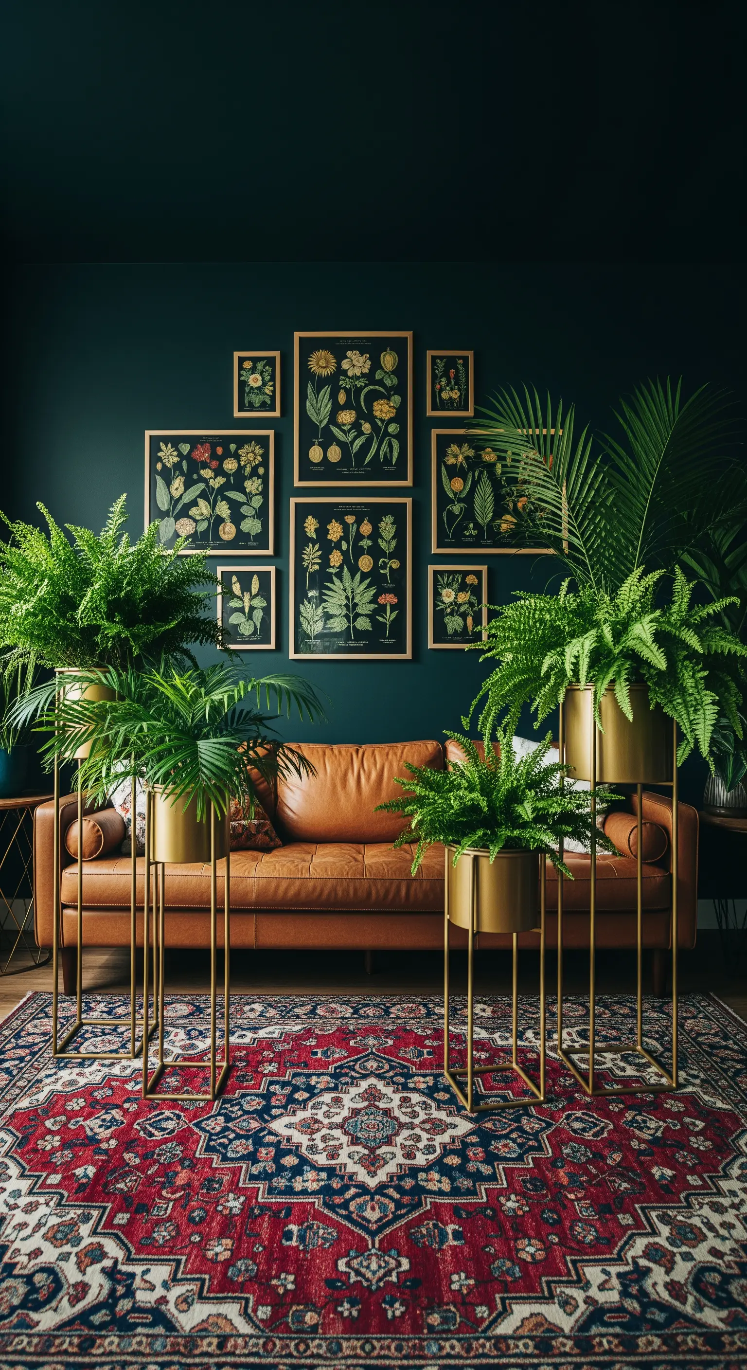 Dunkle petrolfarbene Wand mit Farnen auf goldenen Ständern