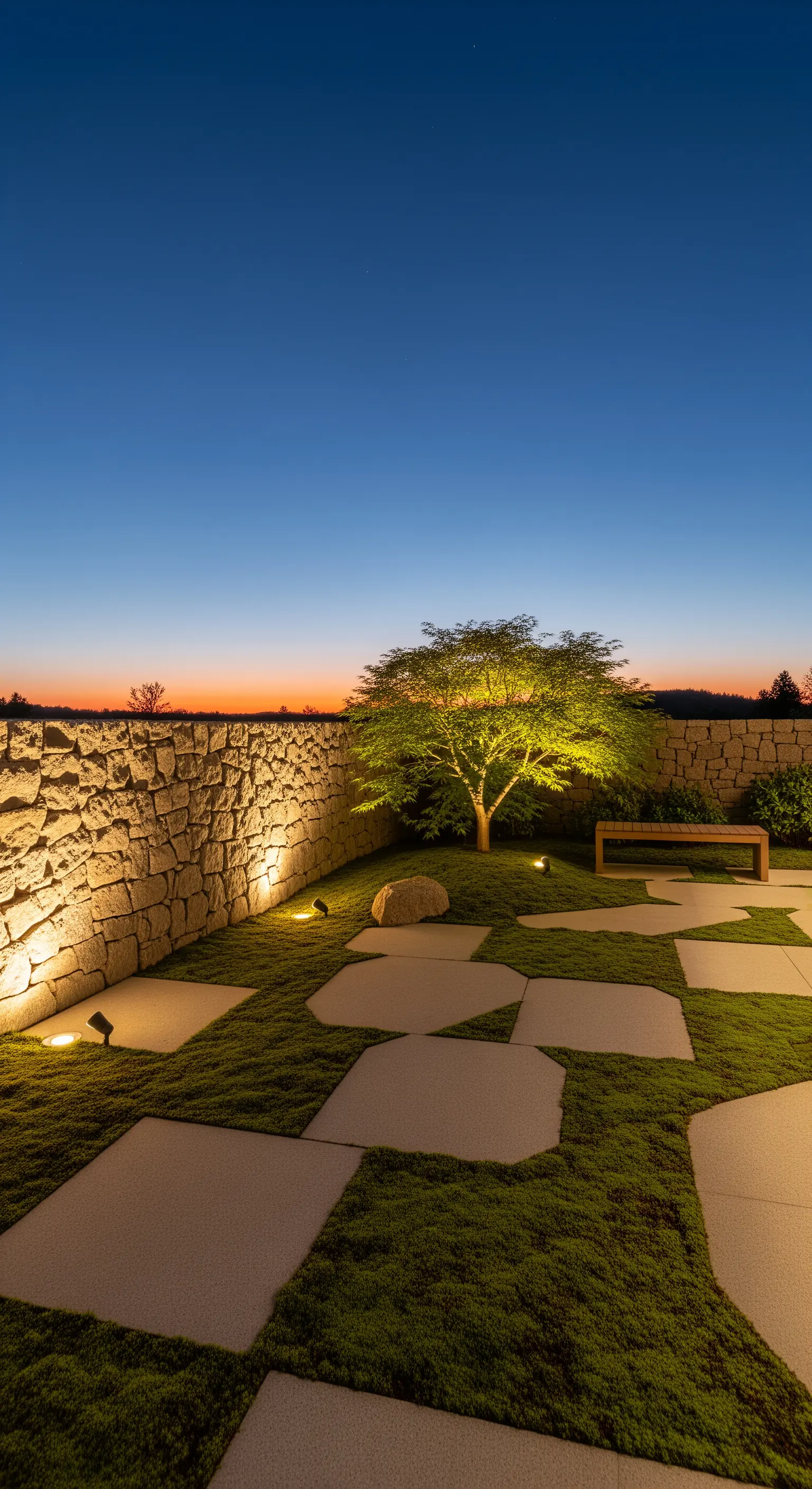 Nachtaufnahme eines beleuchteten Baumes vor Steinmauer Japandi