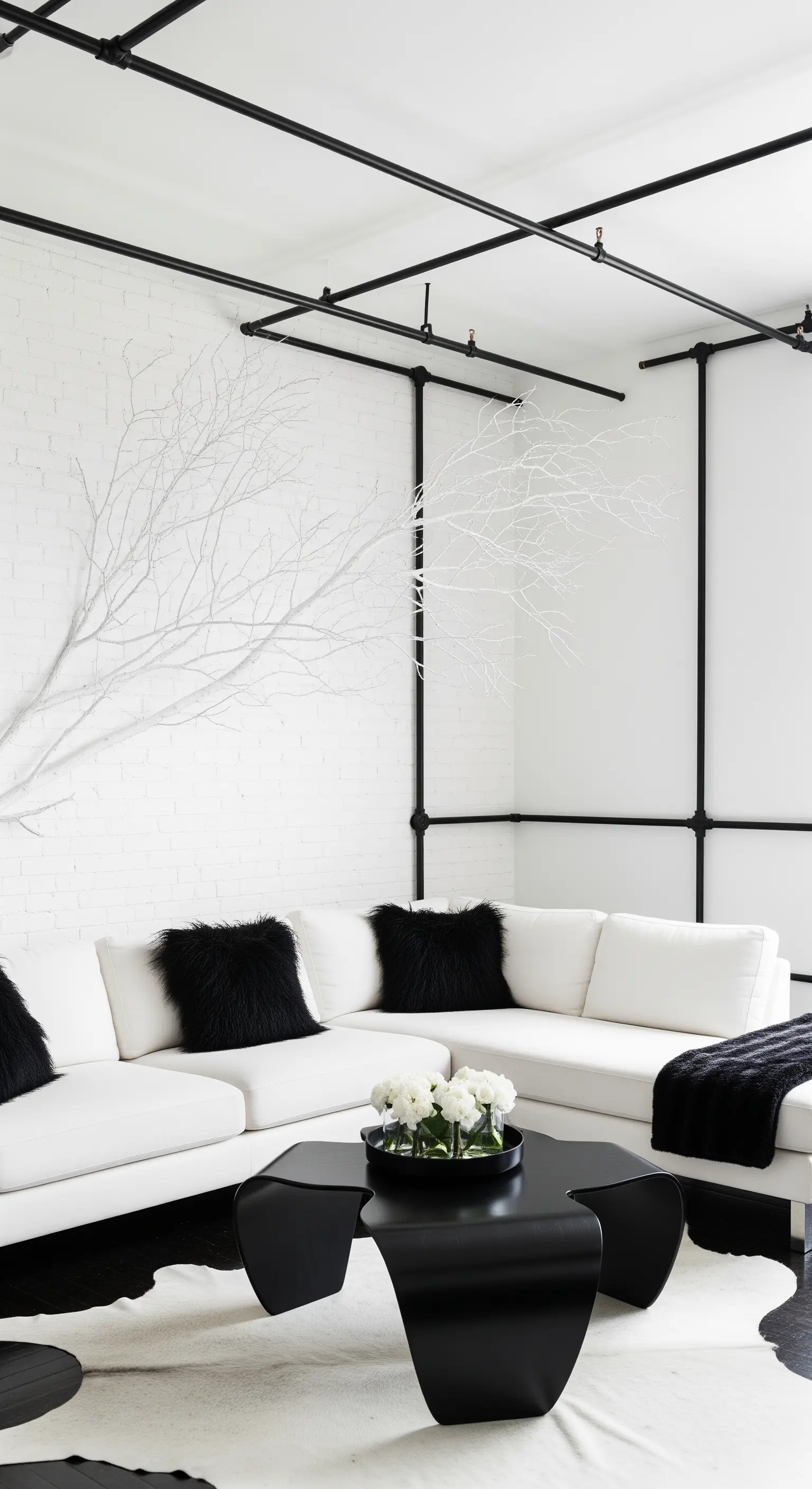 Wohnzimmer mit weißer Ziegelwand und großer weißer Ast-Installation an schwarzen Rohren