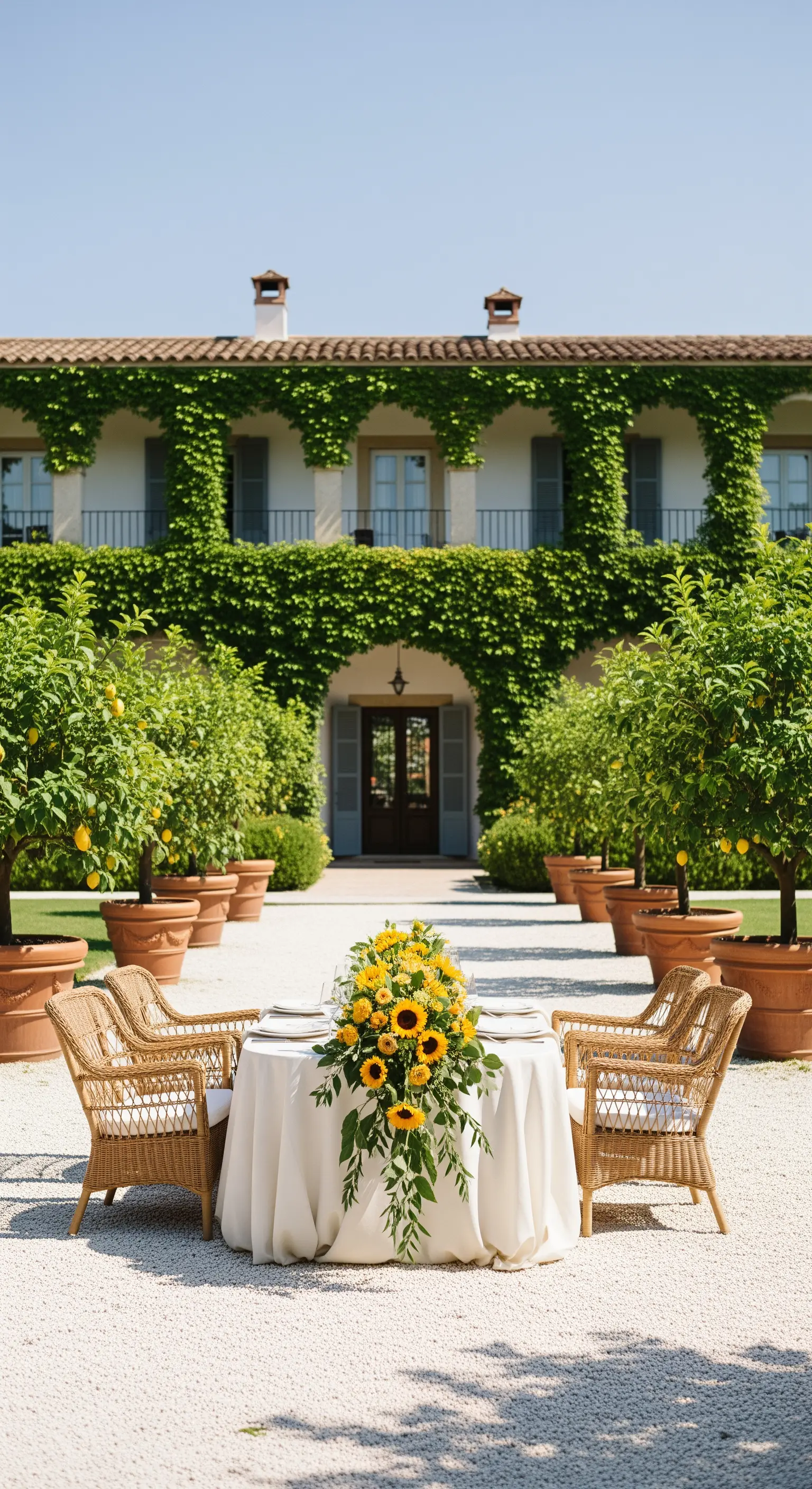 Langer weißer Tisch mit Sonnenblumen-Kaskade vor Villa