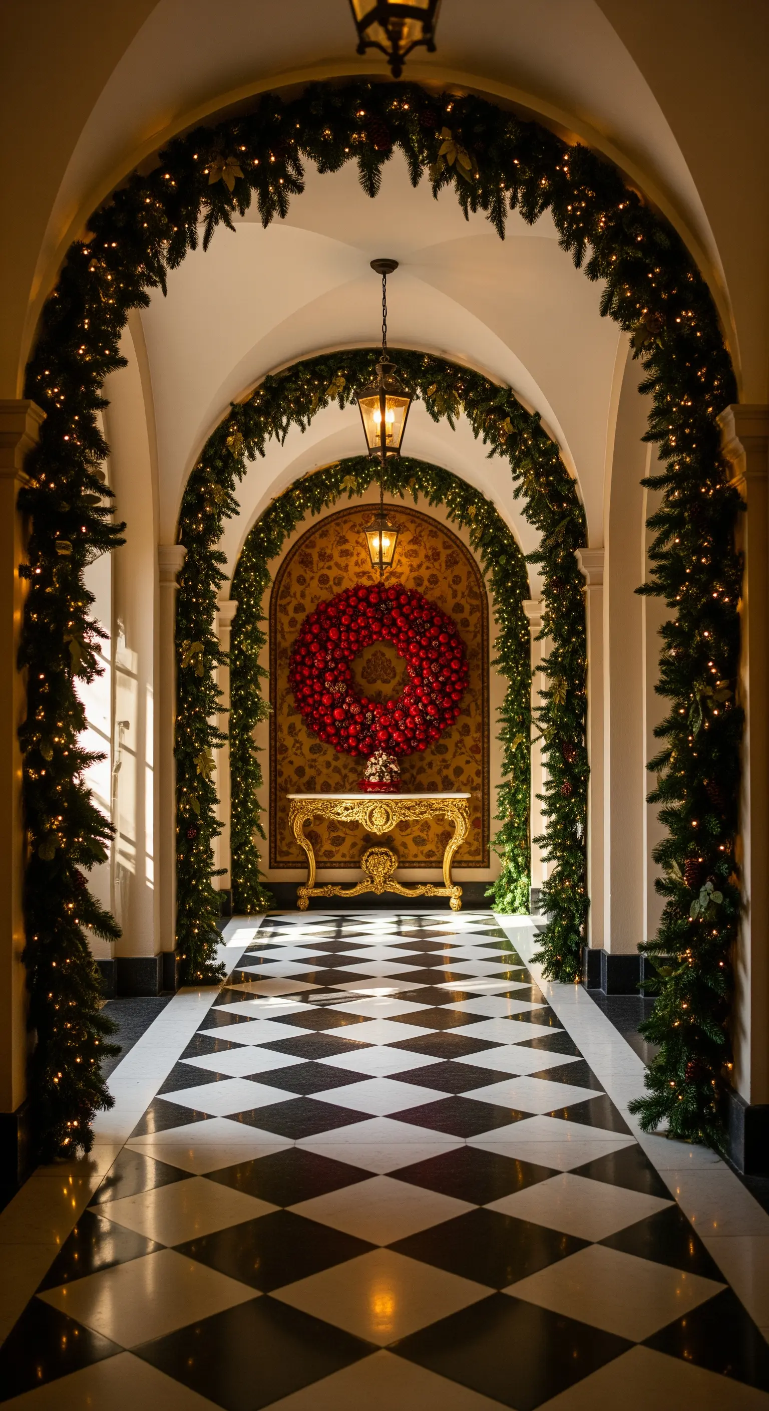 Langer Flur mit Bogengirlanden und rotem Kugelkranz