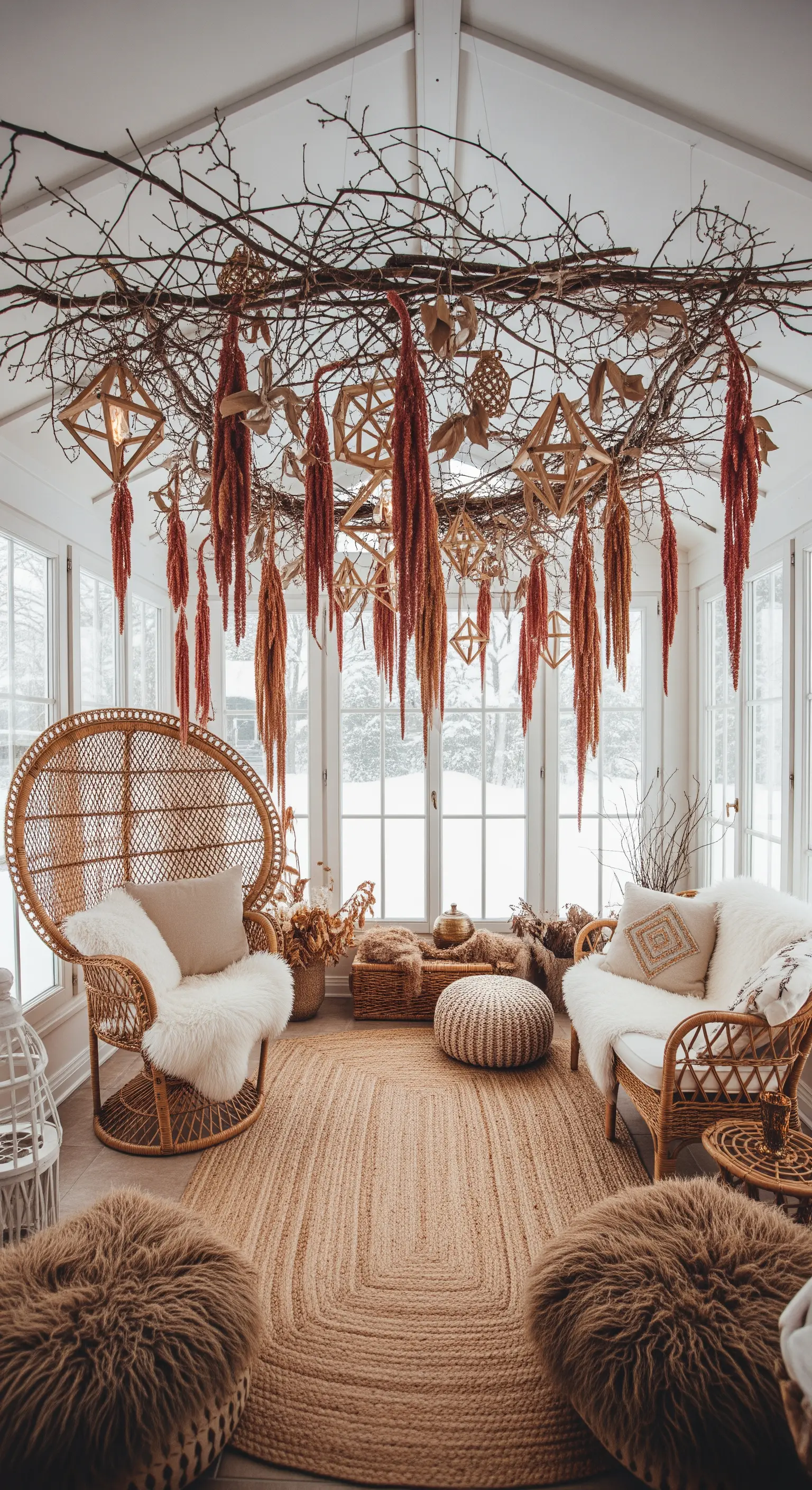 Deckeninstallation aus Zweigen und rotem Amaranth im Wintergarten