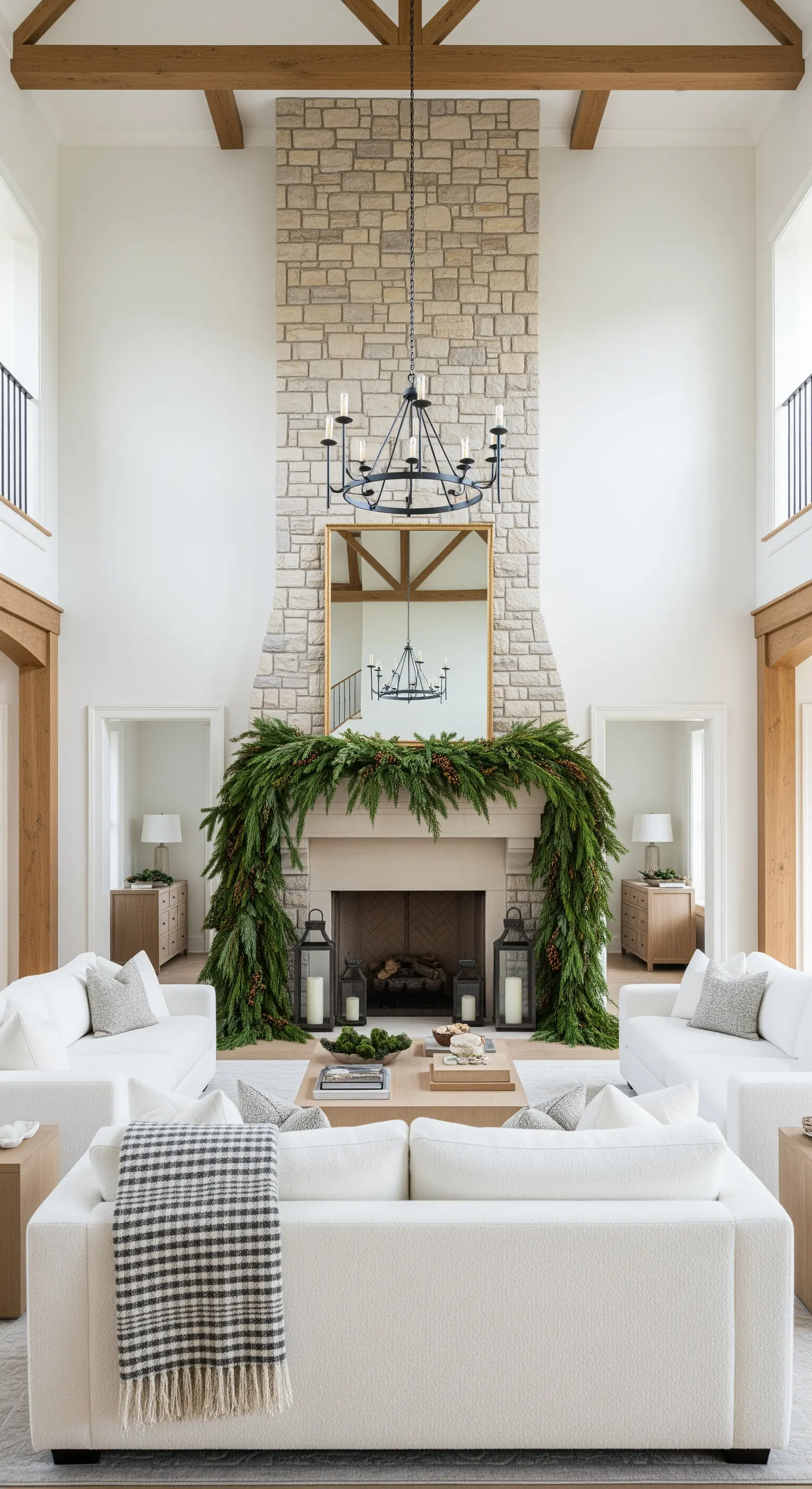 Massive Girlande an hohem Steinkamin