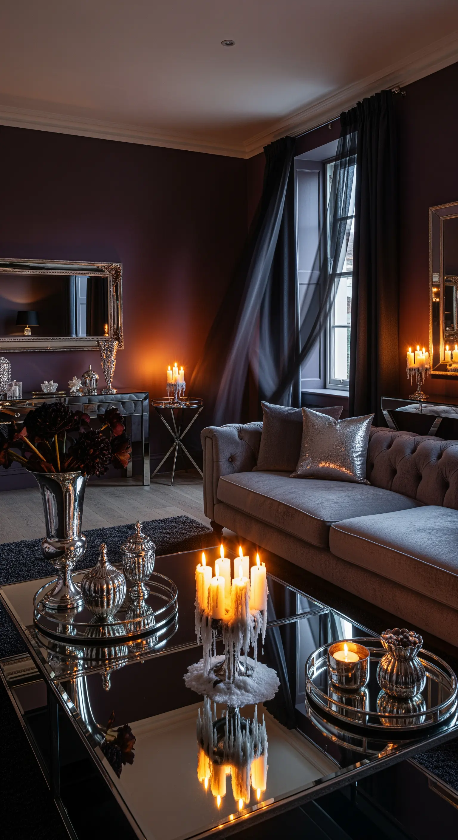 Dunkelviolettes Wohnzimmer mit Silberschmuck und vielen Kerzen