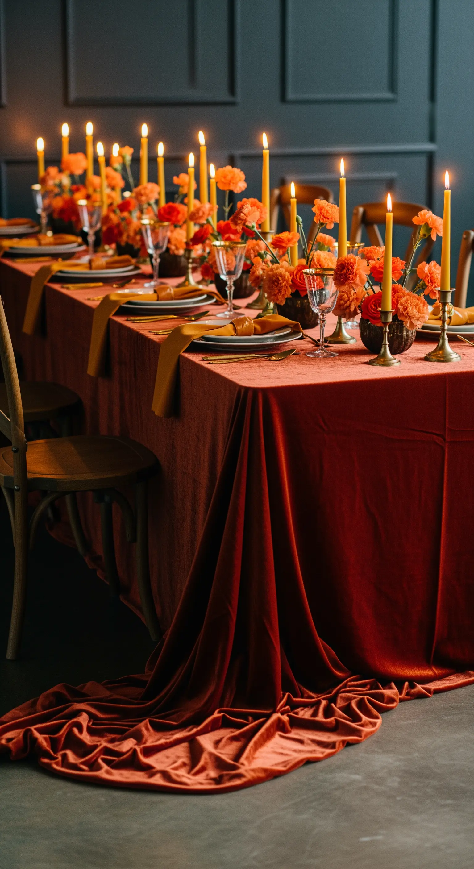 Rostrote Samttischdecke mit vielen Kerzen und Blumen