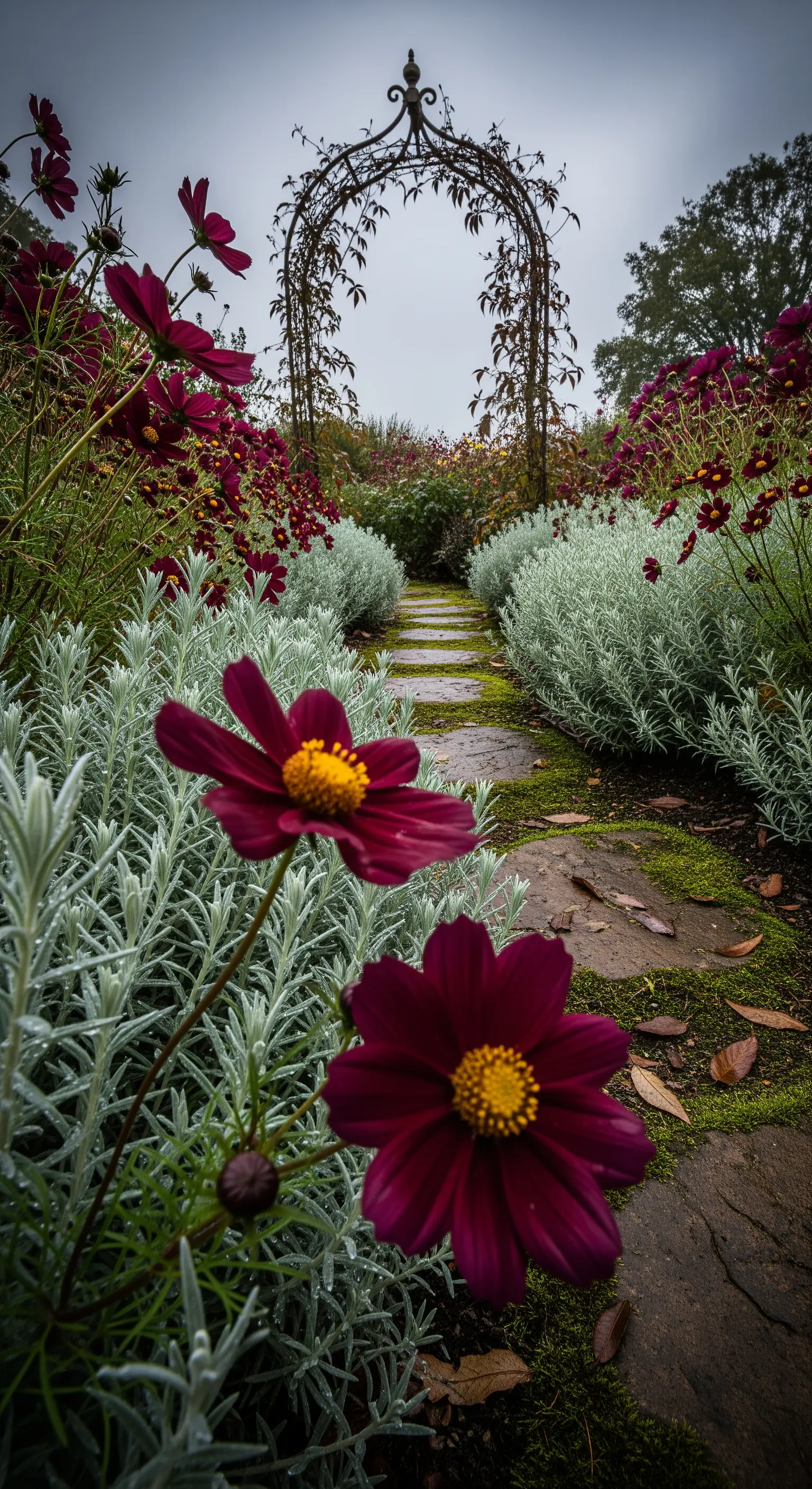 Filigraner Eisenbogen umgeben von dunkelroten Kosmeen und Silberblatt