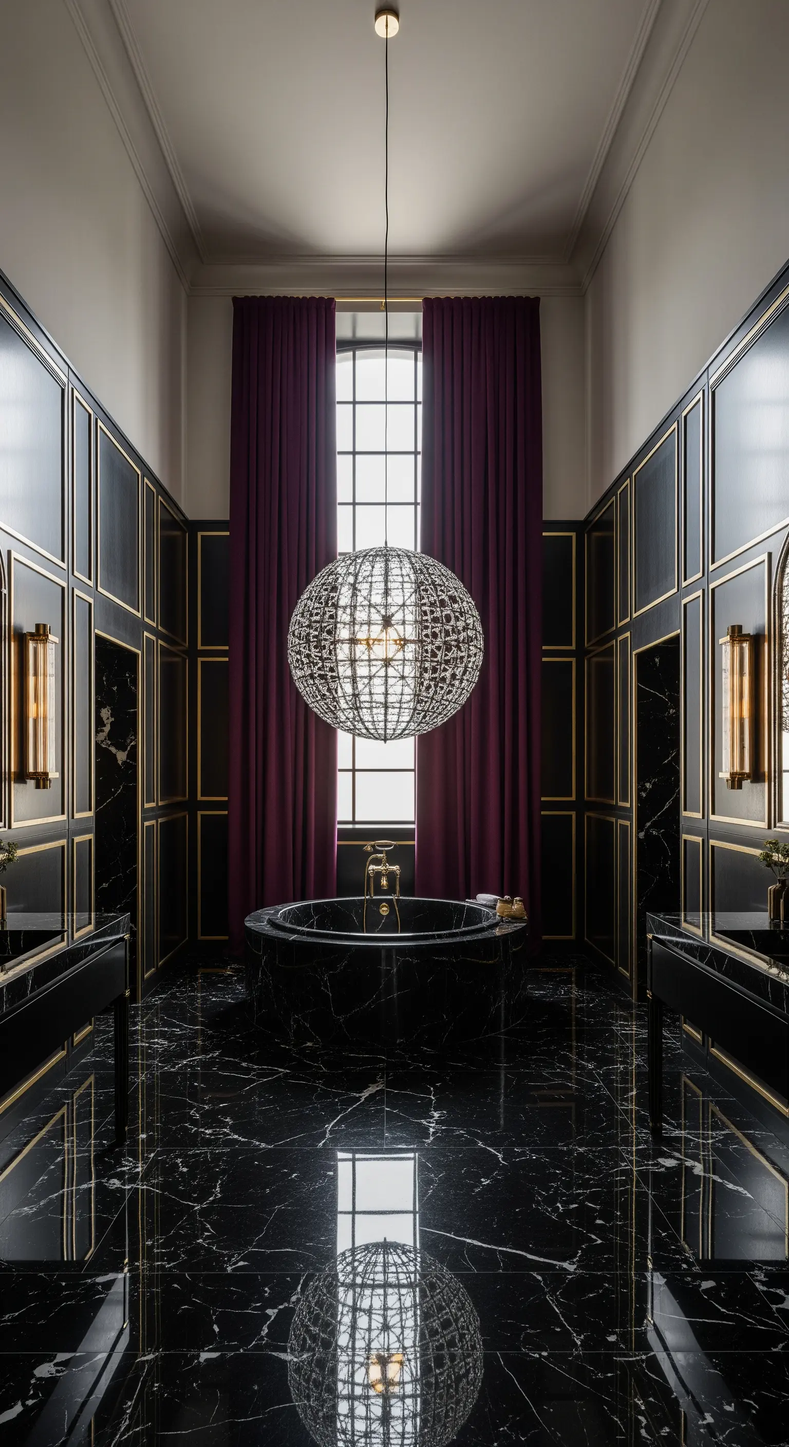 Bad mit lila Samtvorhängen, schwarzen Wänden und Goldakzenten