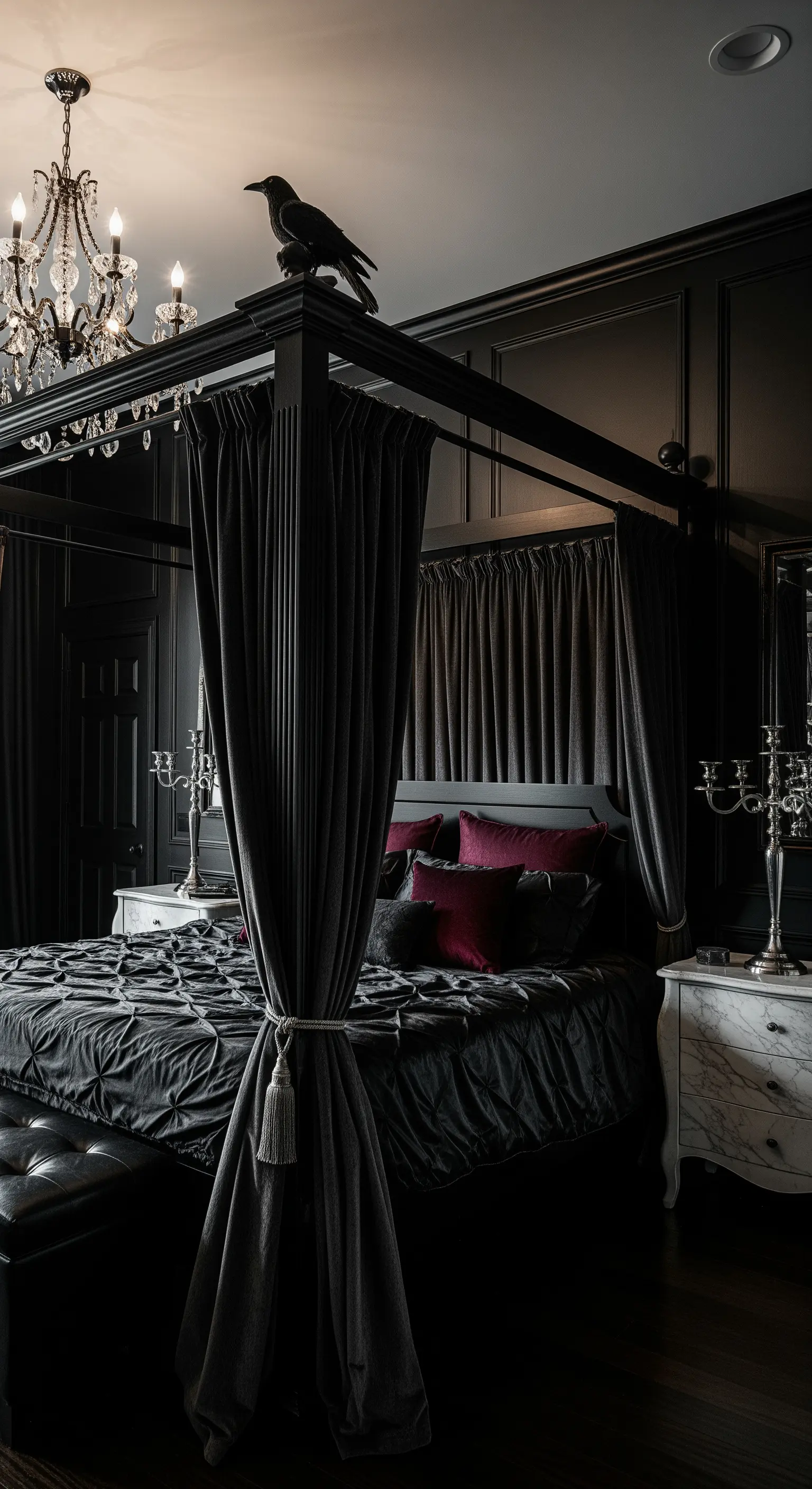 Schwarzes Himmelbett mit Kronleuchter und Raben-Deko