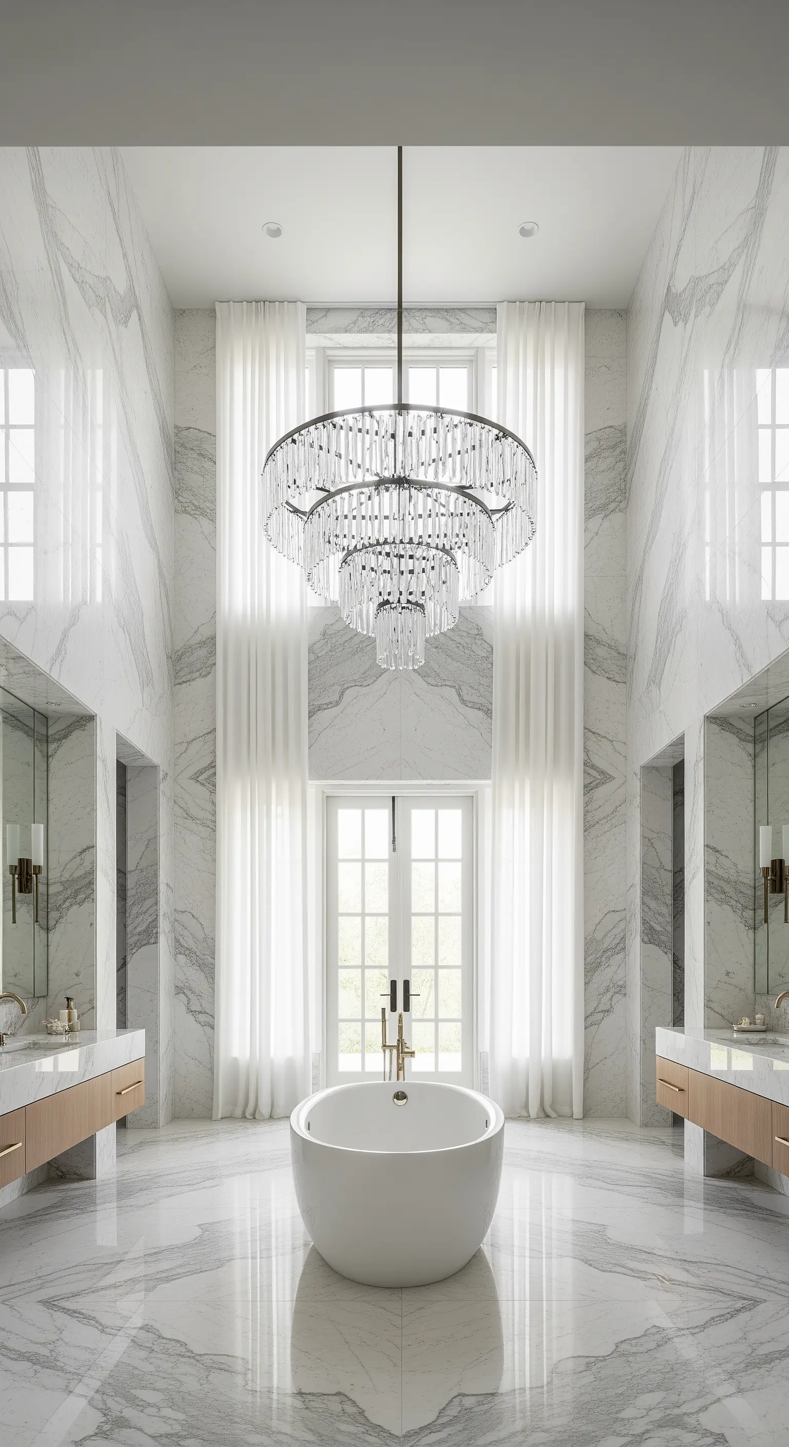 Hohes Luxusbad mit weißen Marmorwänden und langen Vorhängen