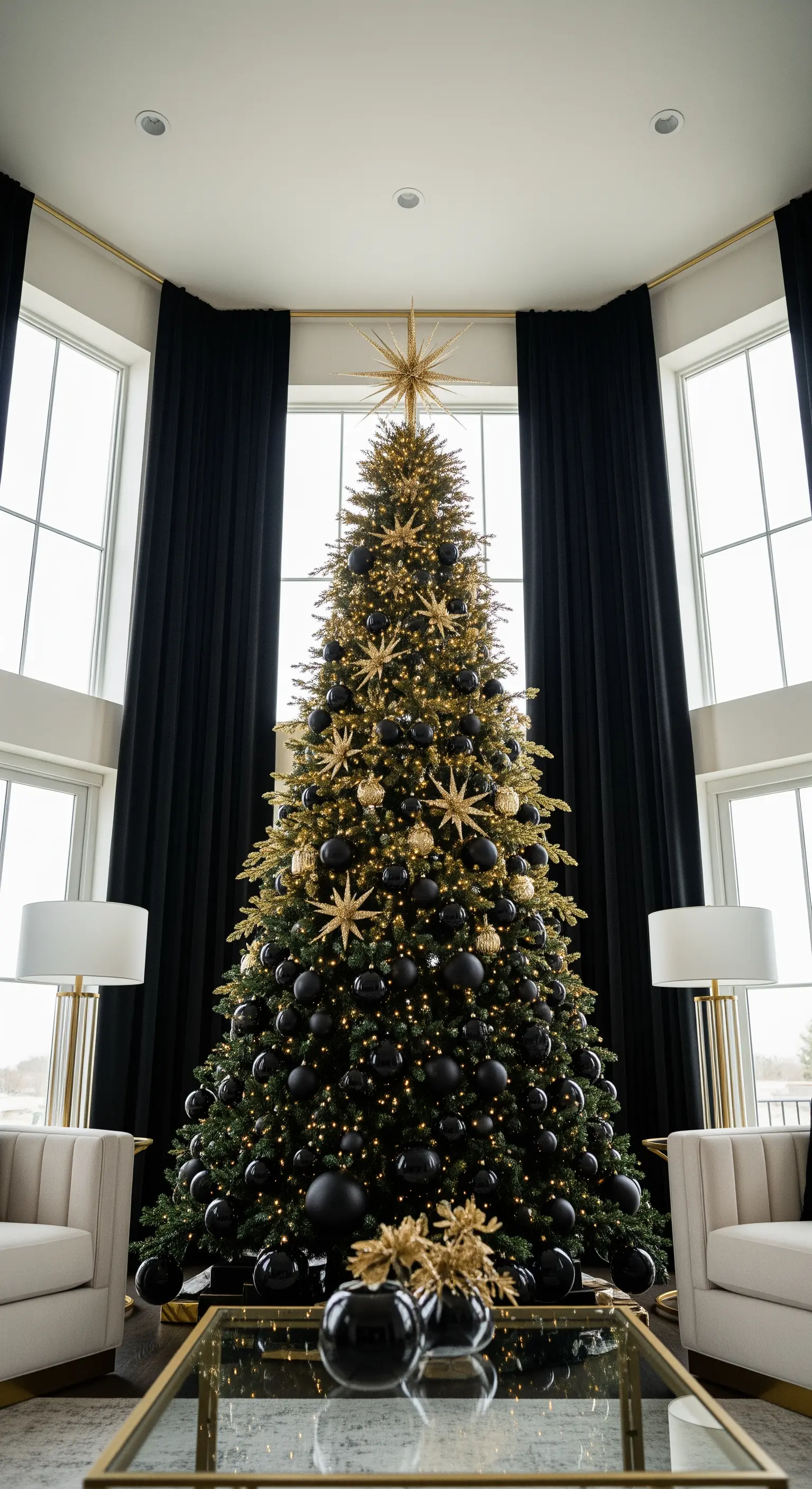 Riesiger Weihnachtsbaum vor hohen Fenstern mit schwarzen Vorhängen