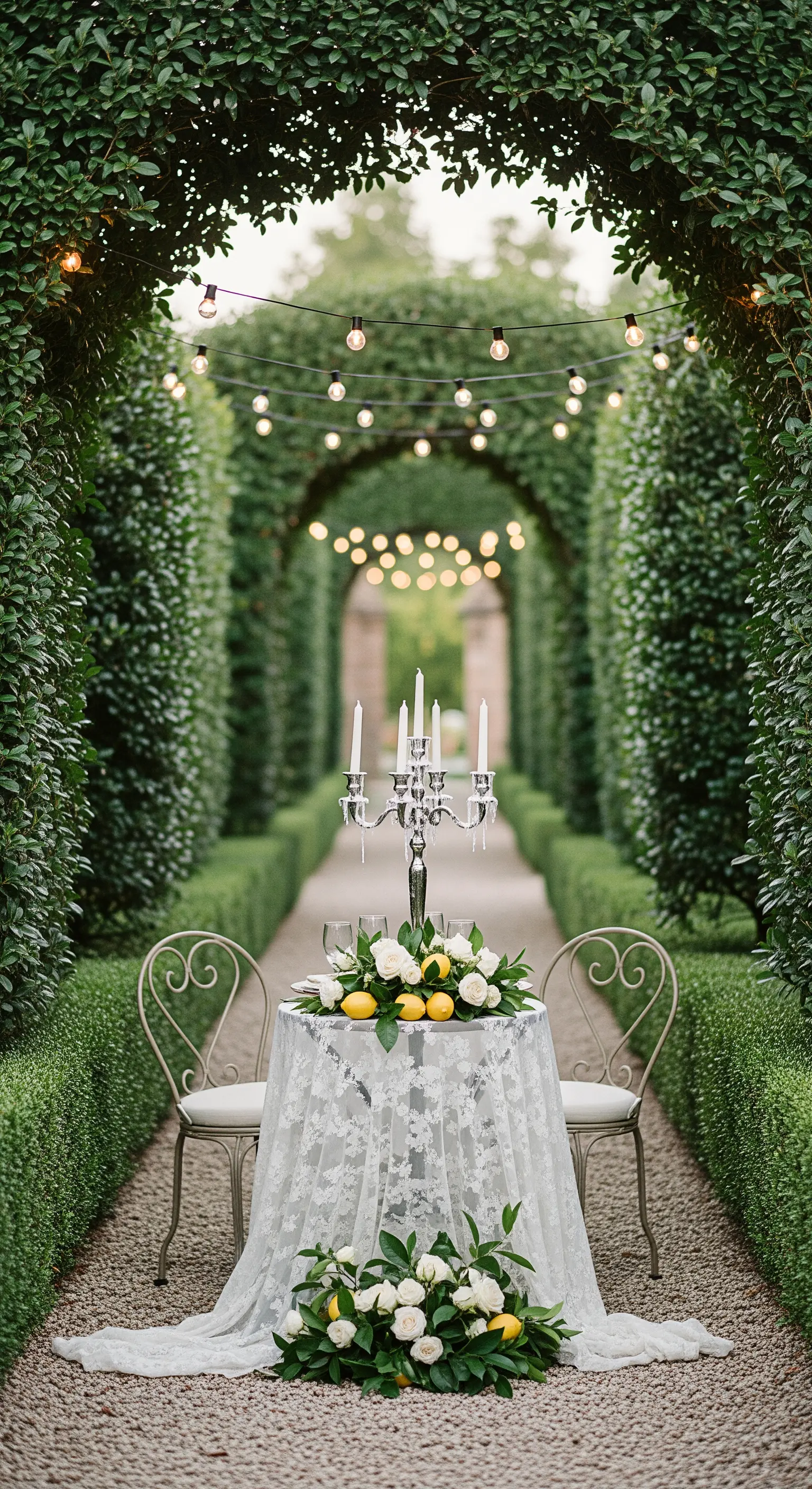 Kleiner Tisch unter grünem Gartenbogen mit Kandelaber
