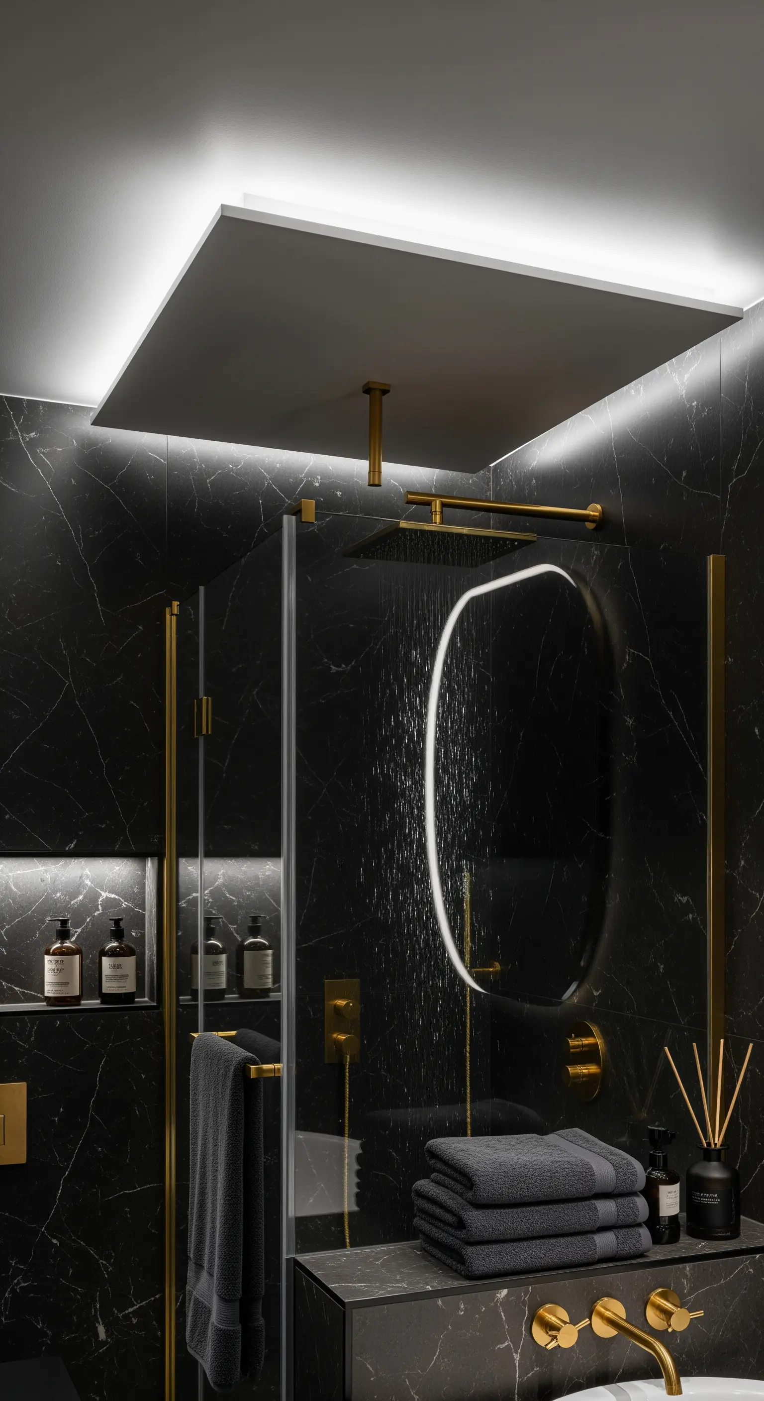 Schwarzes Marmorbad mit abgehängter Decke und indirekter Beleuchtung