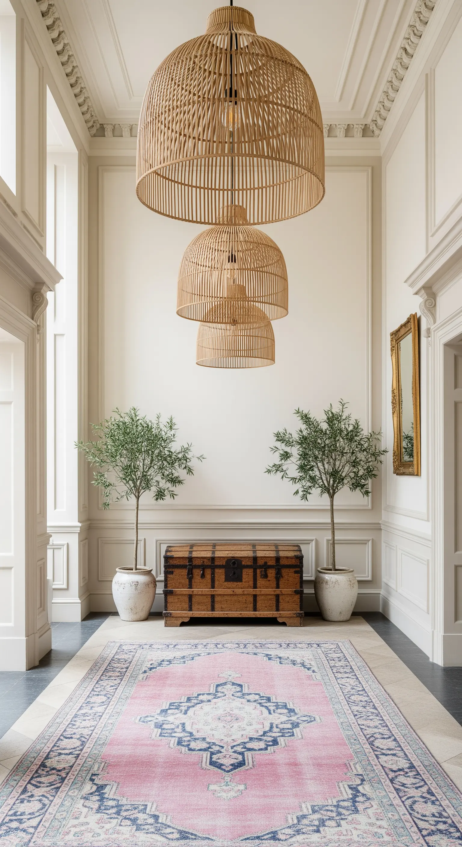 Hoher Flur mit riesigen Rattan-Lampen und Olivenbäumen