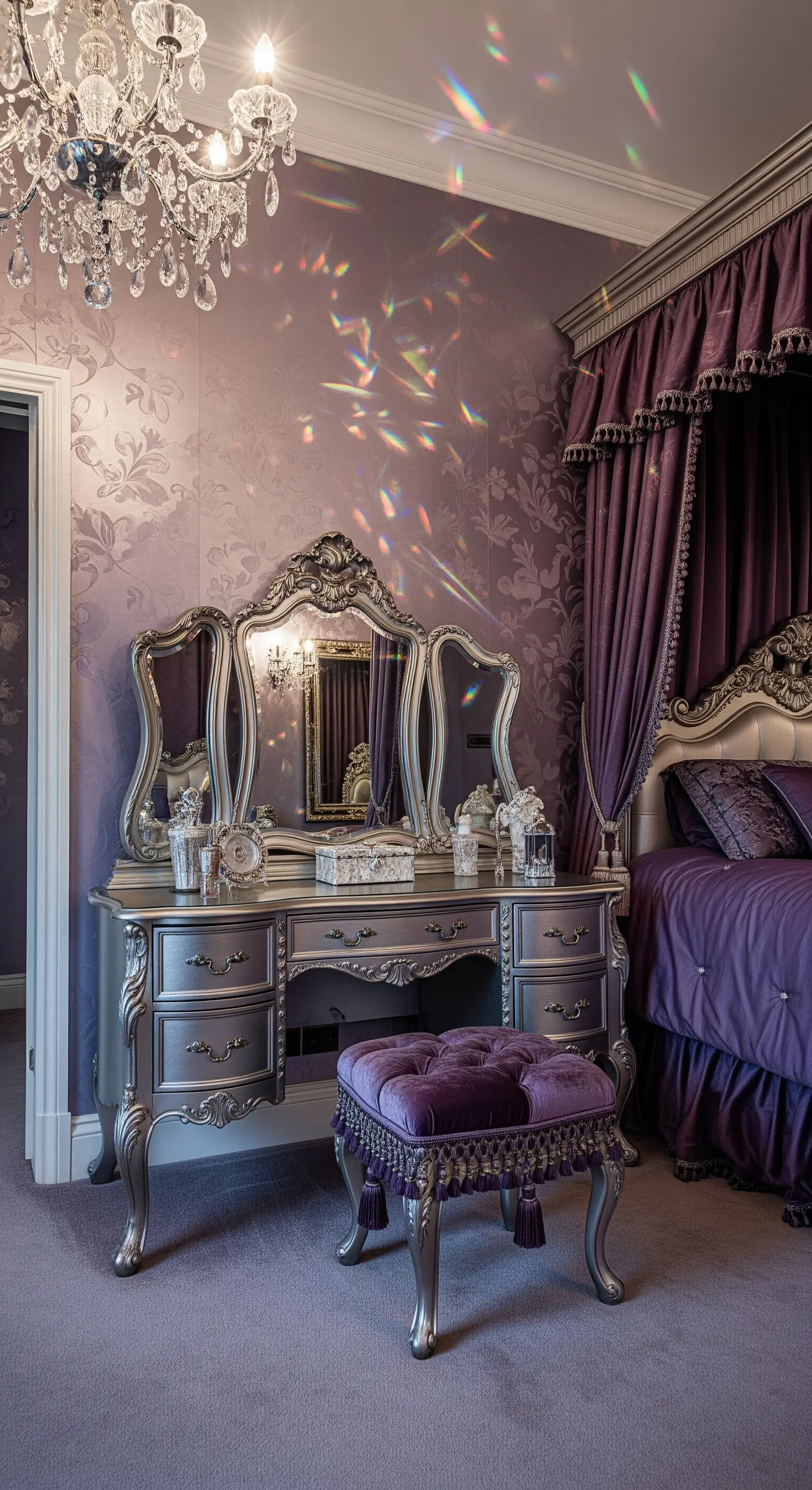 Silberner Schminktisch in violettem Schlafzimmer