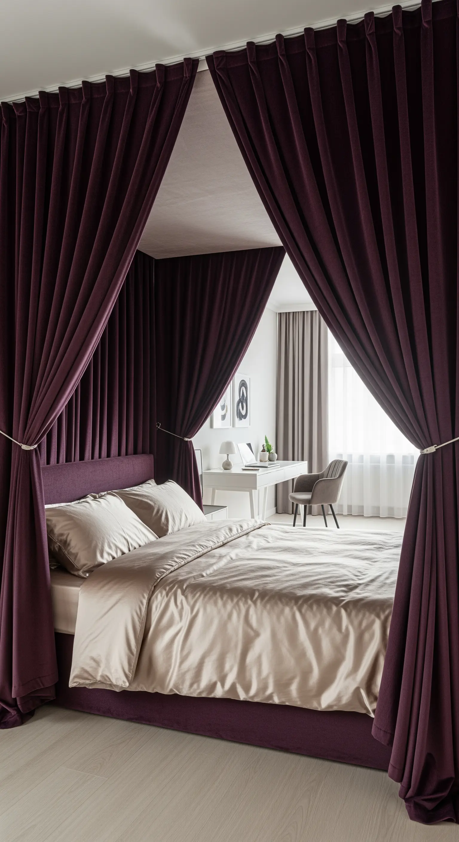 Bett umrahmt von schweren lila Samtvorhängen