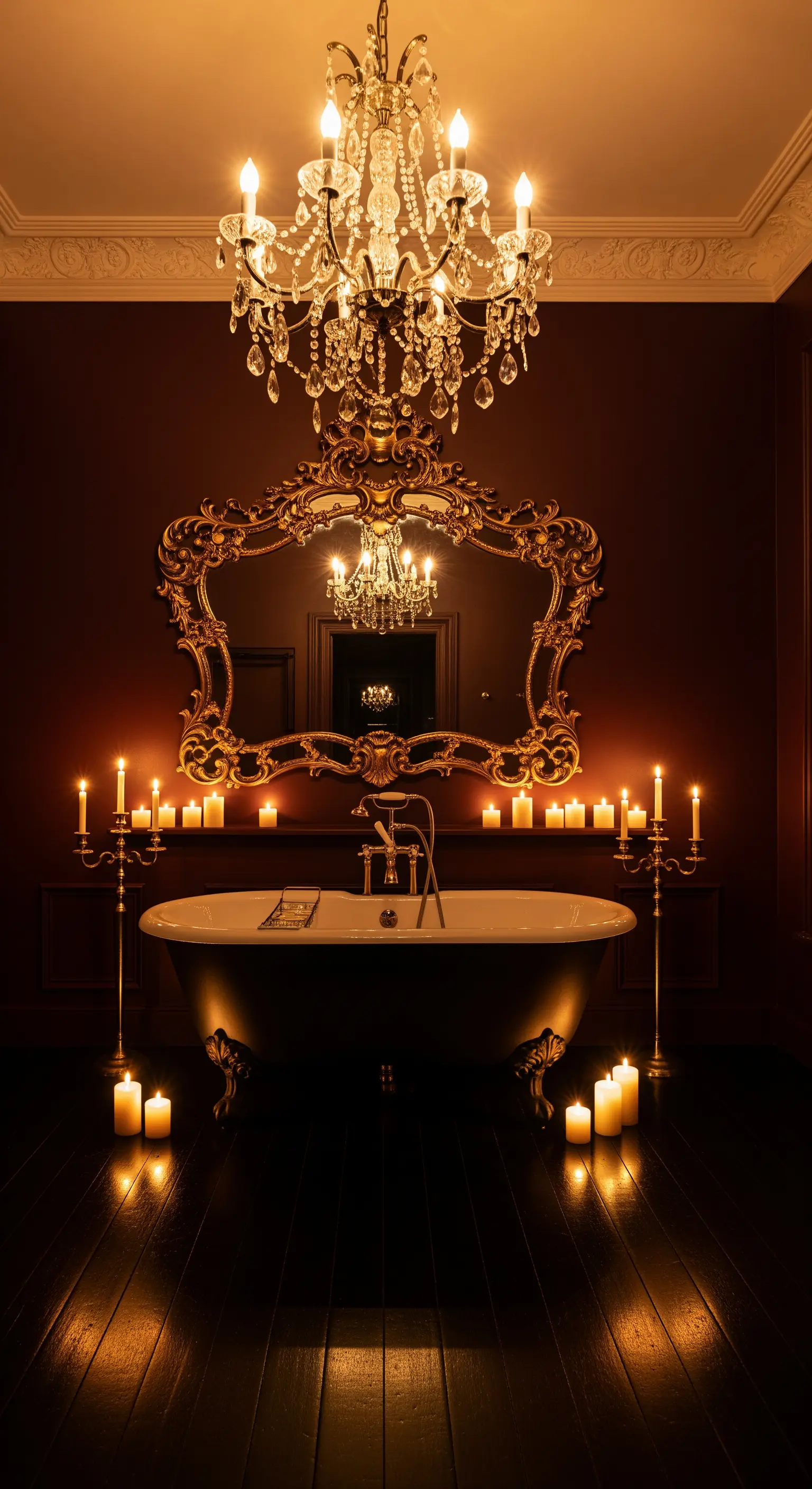 Dunkelrotes Bad mit vielen Kerzen und goldenem Barockspiegel über der Wanne