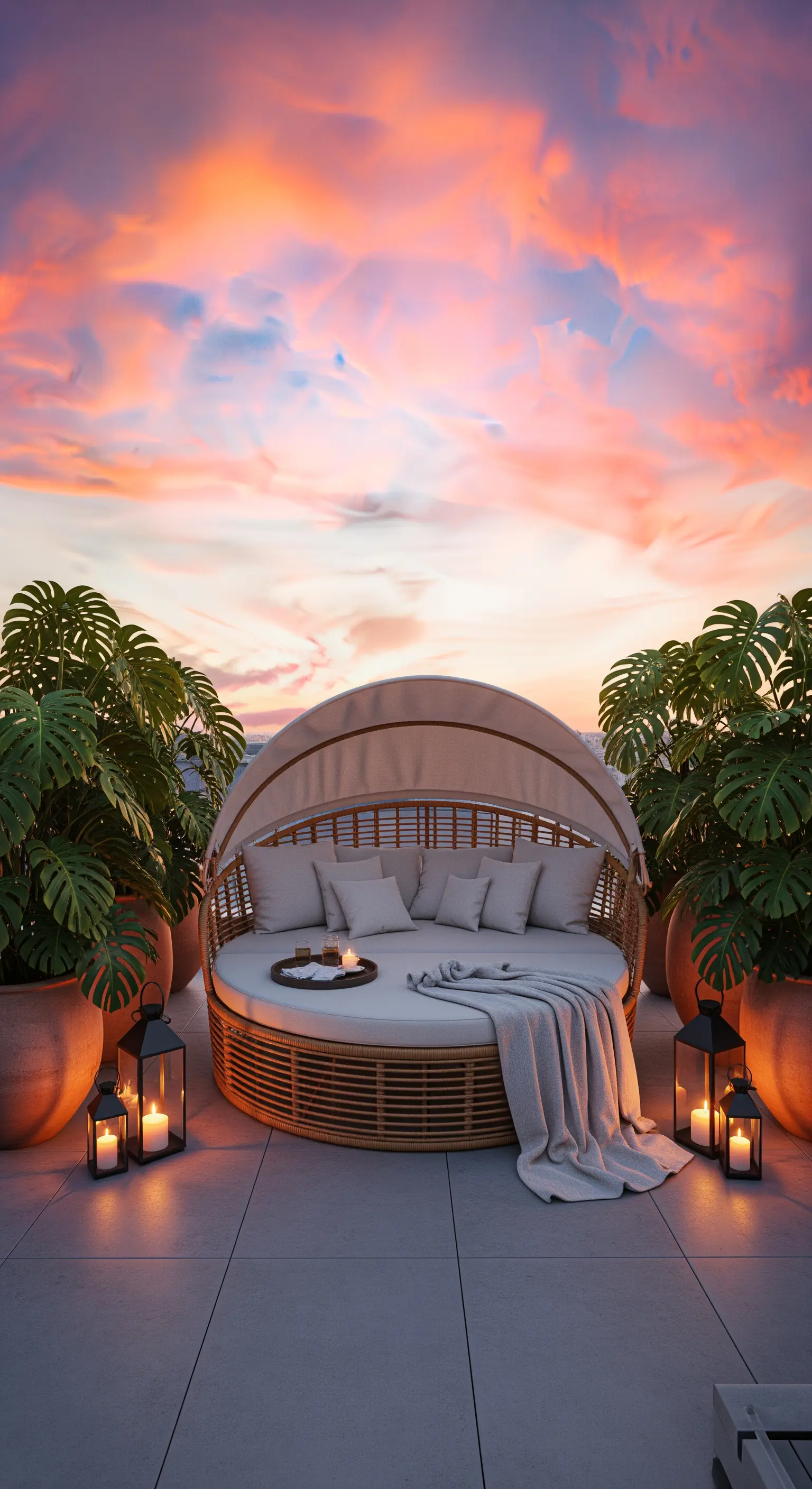 Rundes Rattan-Daybed bei Sonnenuntergang umgeben von großen Pflanzen und Laternen