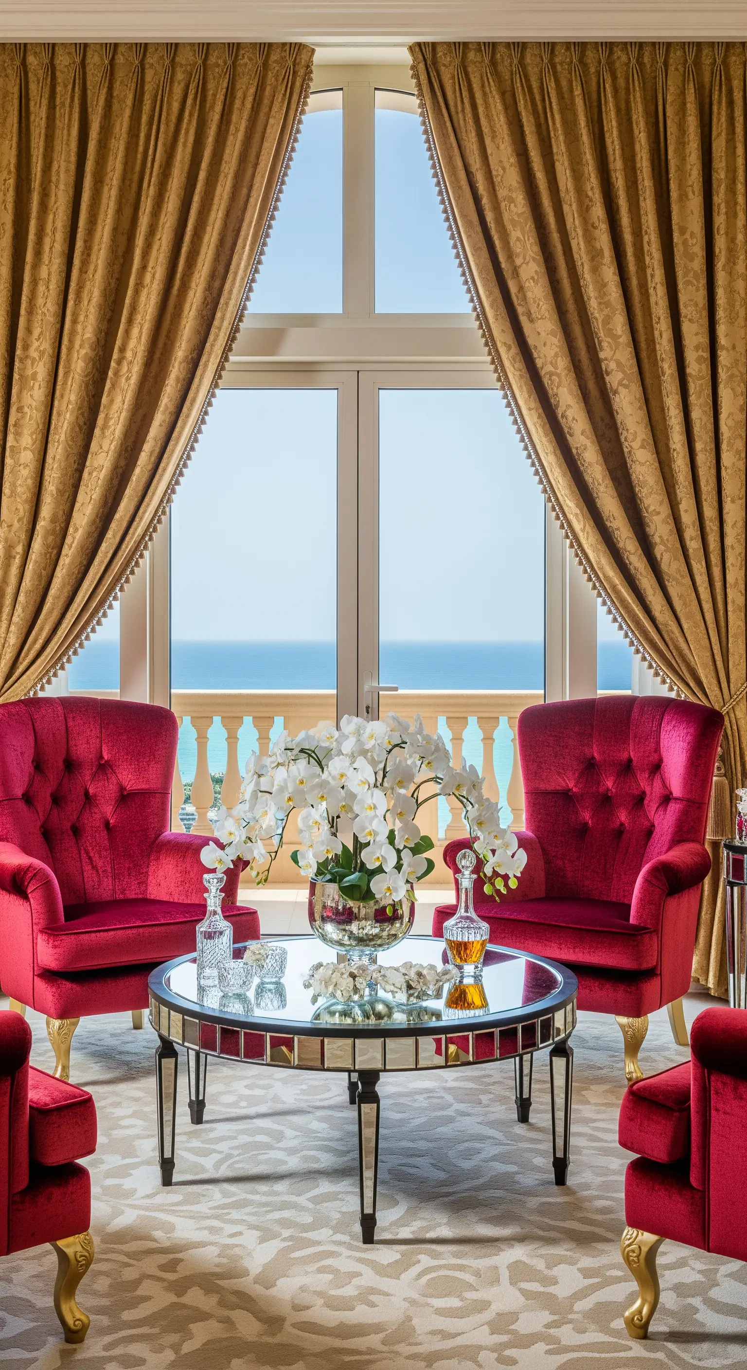 Rote Samtsessel vor großem Fenster mit goldenen Vorhängen