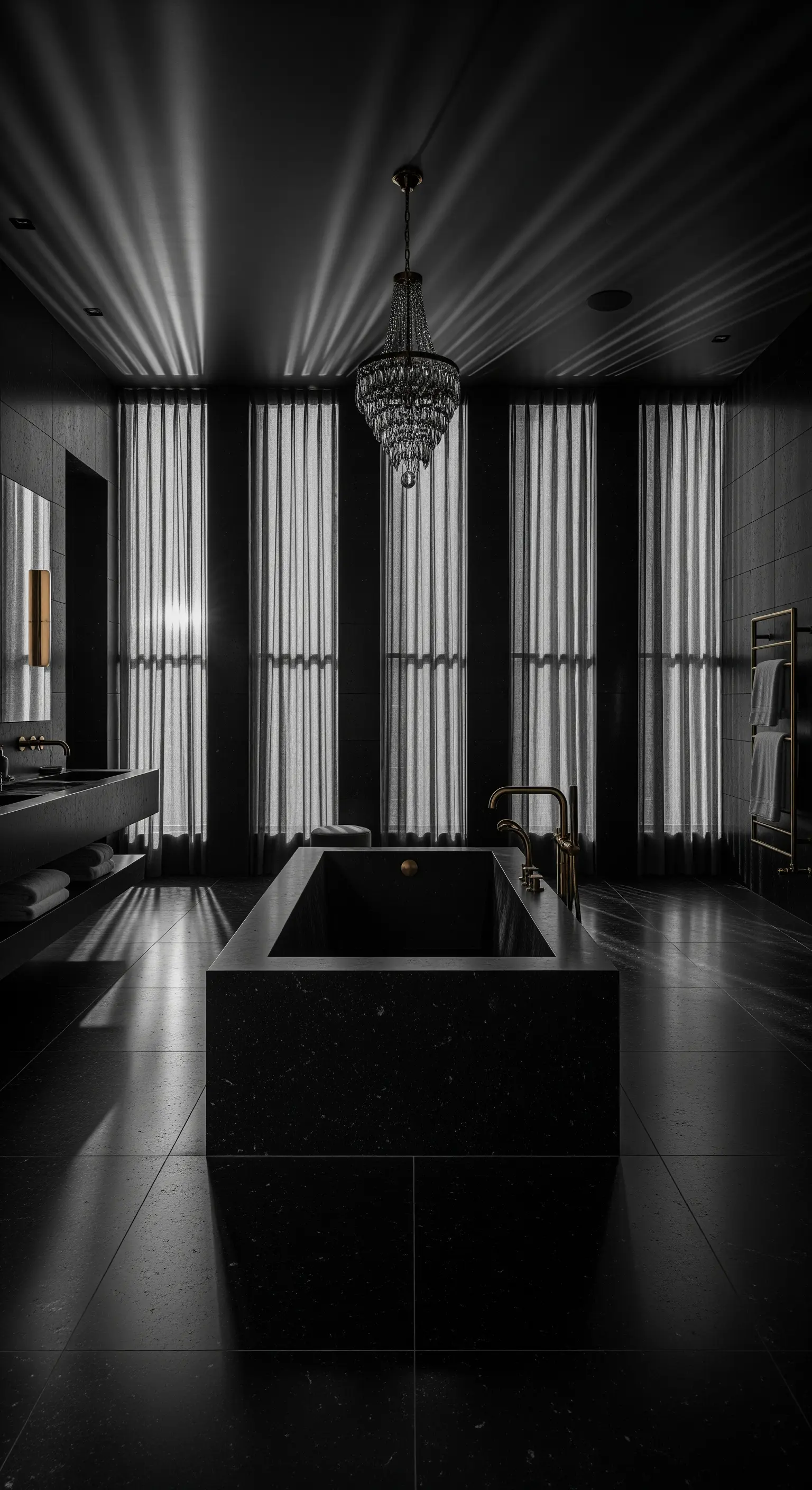 Dunkles Bad mit raumhohen Vorhängen und Kronleuchter