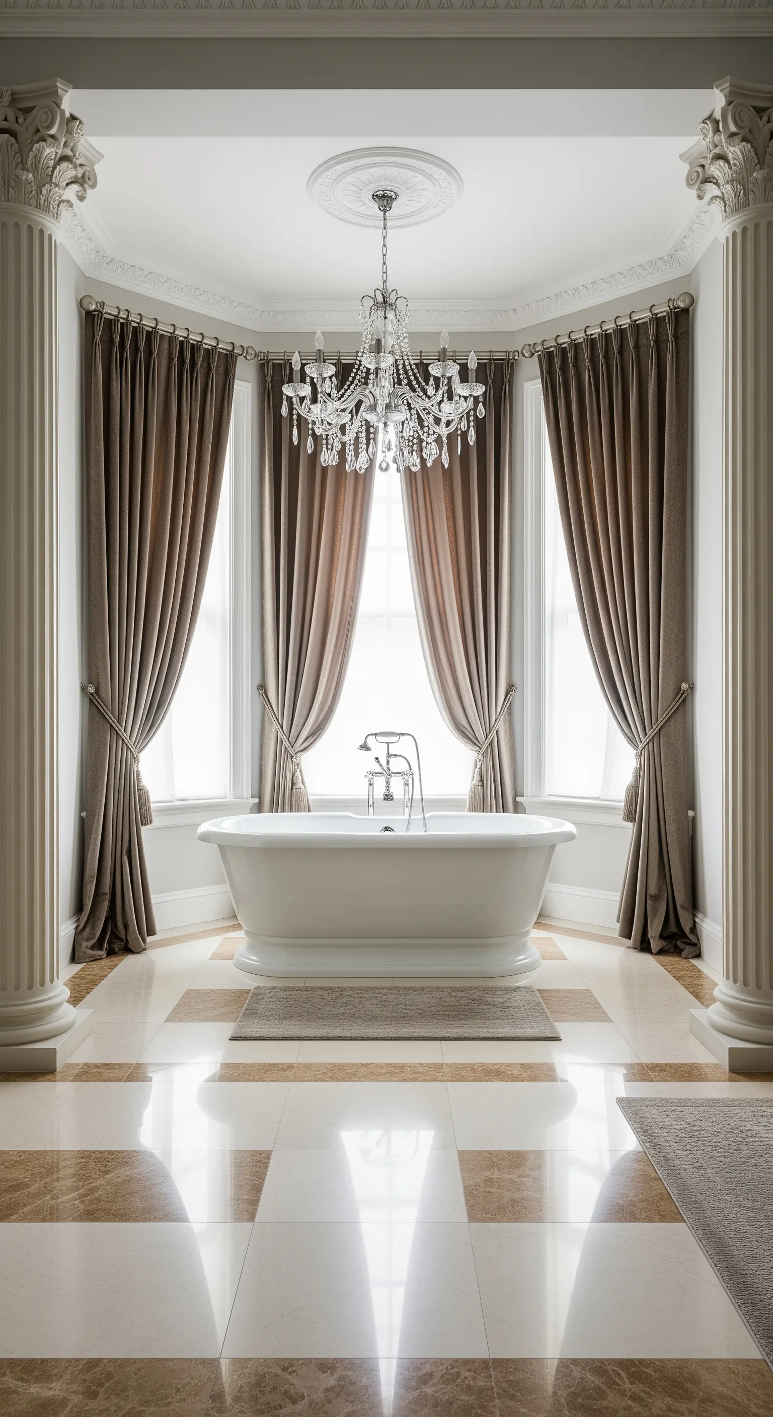 Badewanne in Erker, gerahmt von schweren braunen Vorhängen