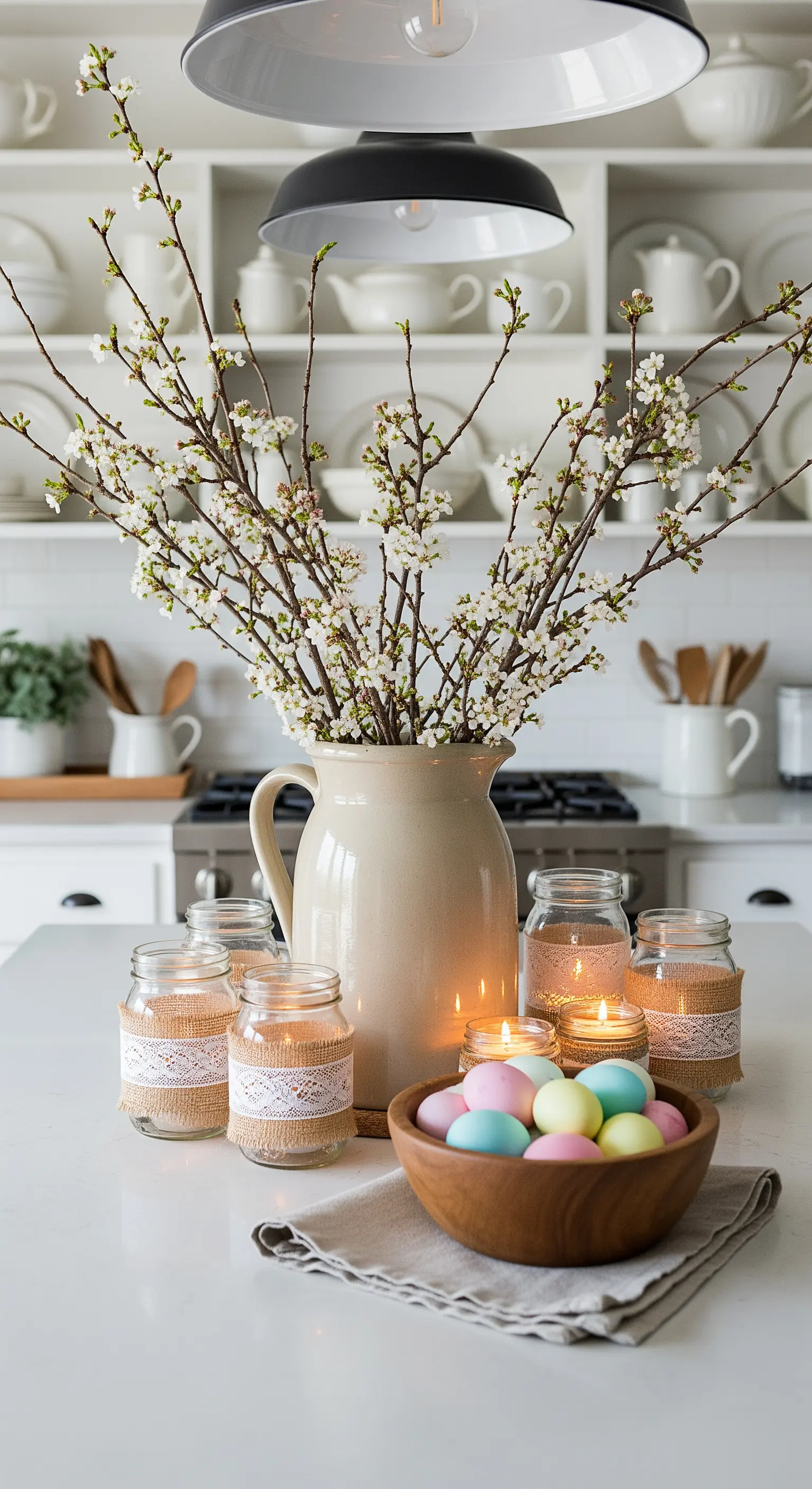 Großer Krug mit weißen Blütenzweigen und Jute-Windlichtern