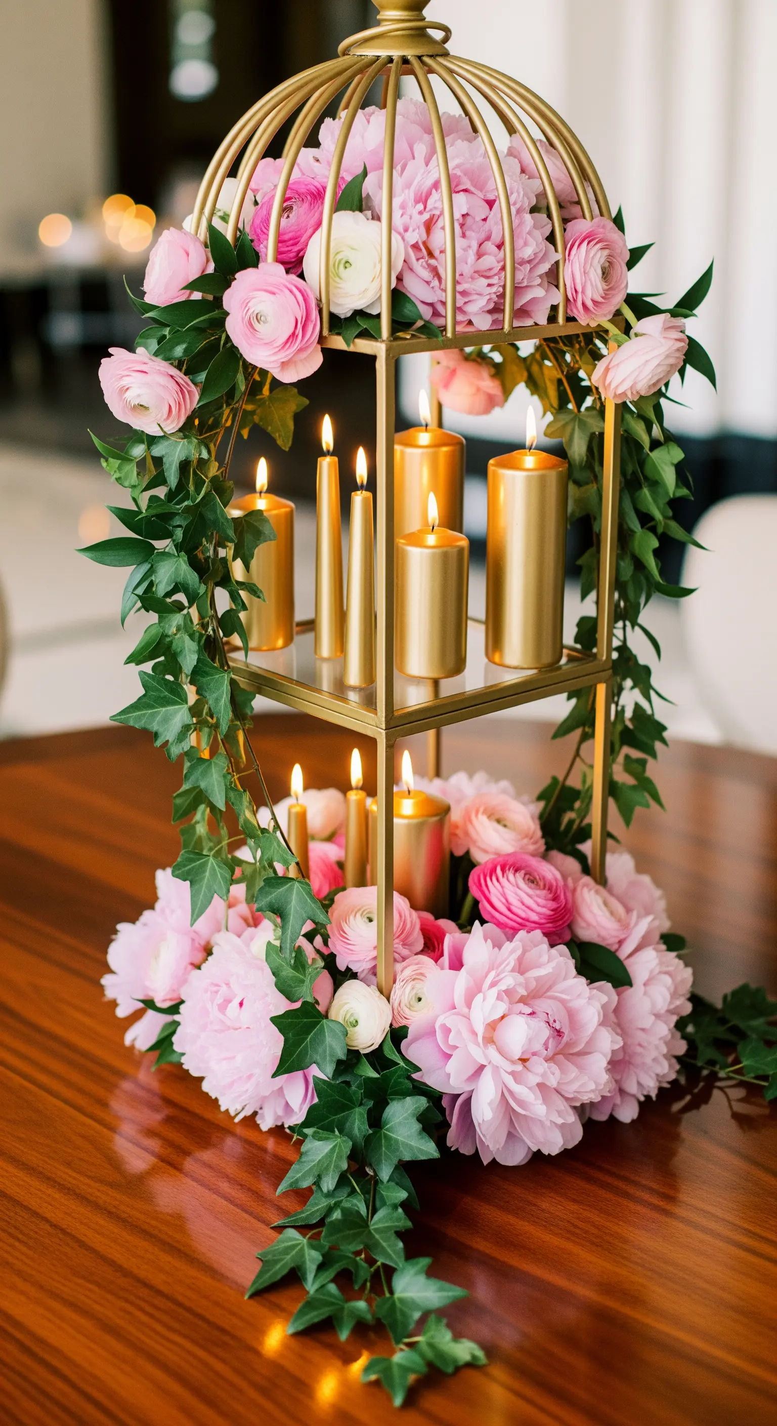 Vogelkäfig-Etagere mit goldenen Kerzen und Pfingstrosen