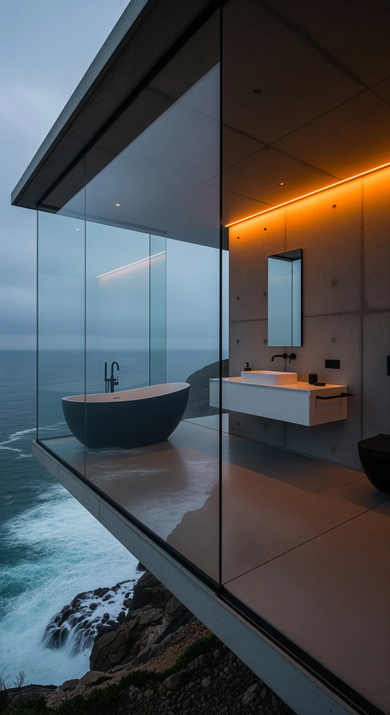 Beton-Badezimmer an der Klippe mit orangefarbener LED-Beleuchtung