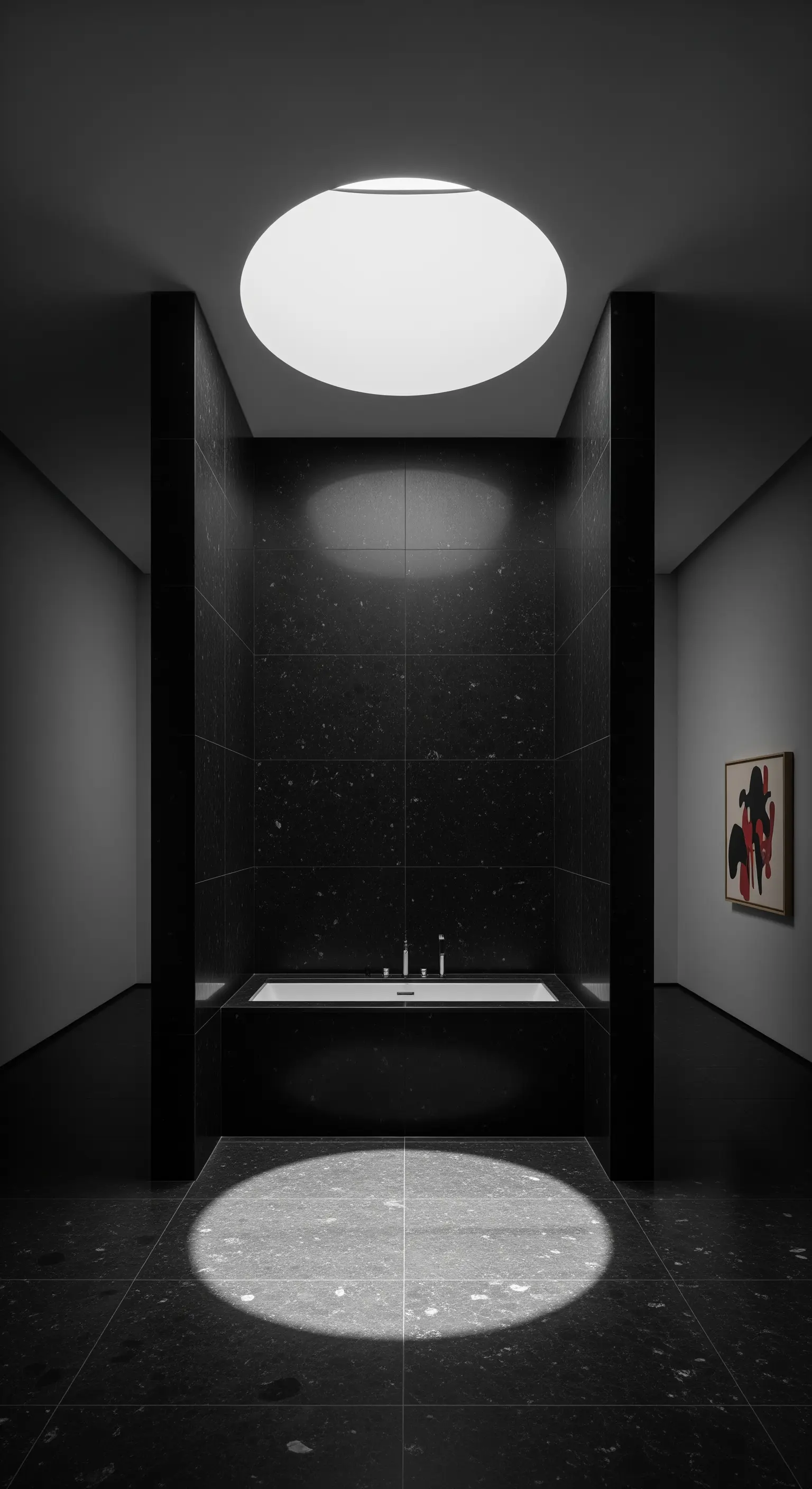 Eingelassene Wanne unter rundem Oberlicht mit Kunstwerk