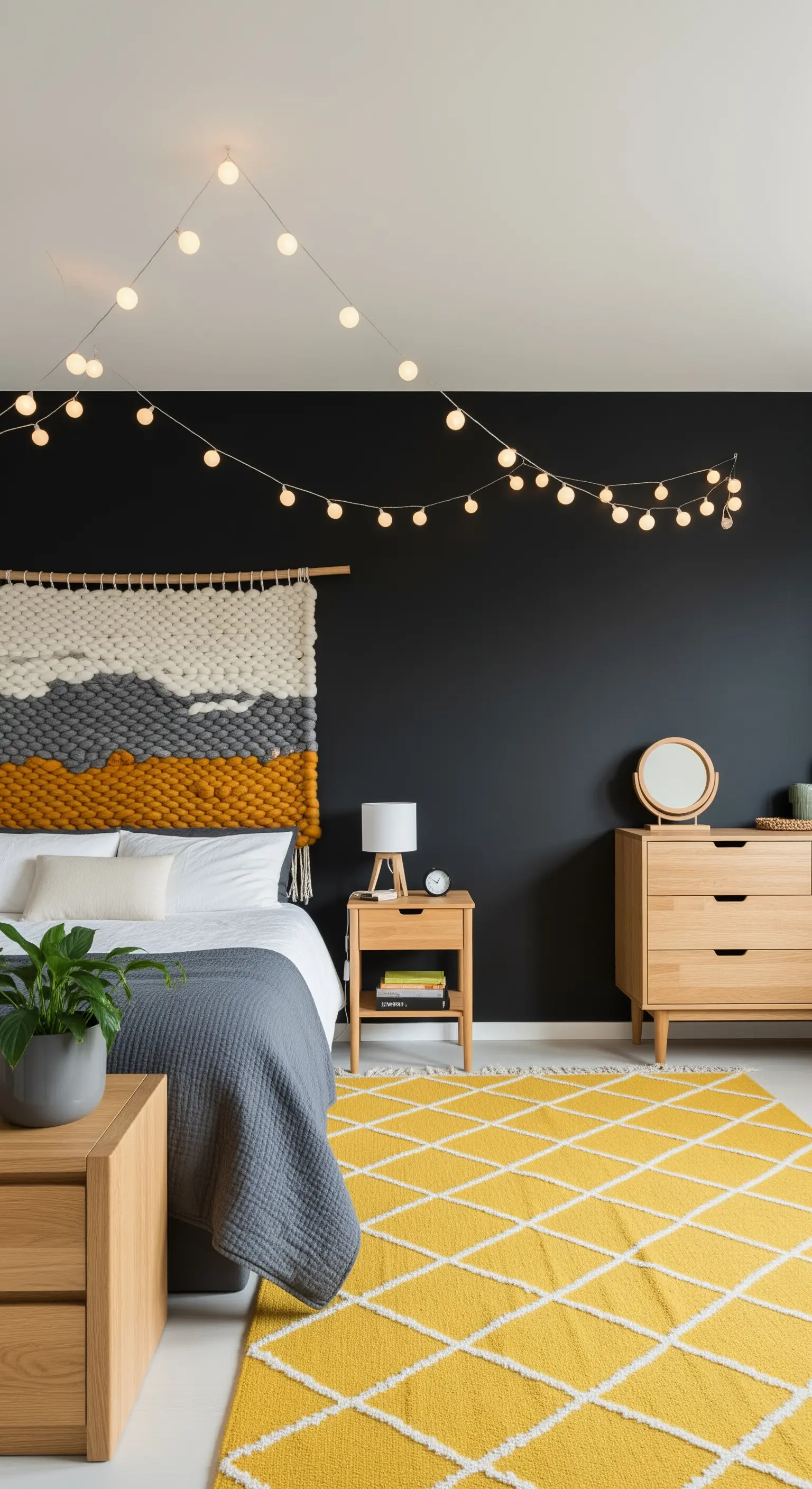 Schwarze Wand mit großem Webteppich und gelben Akzenten