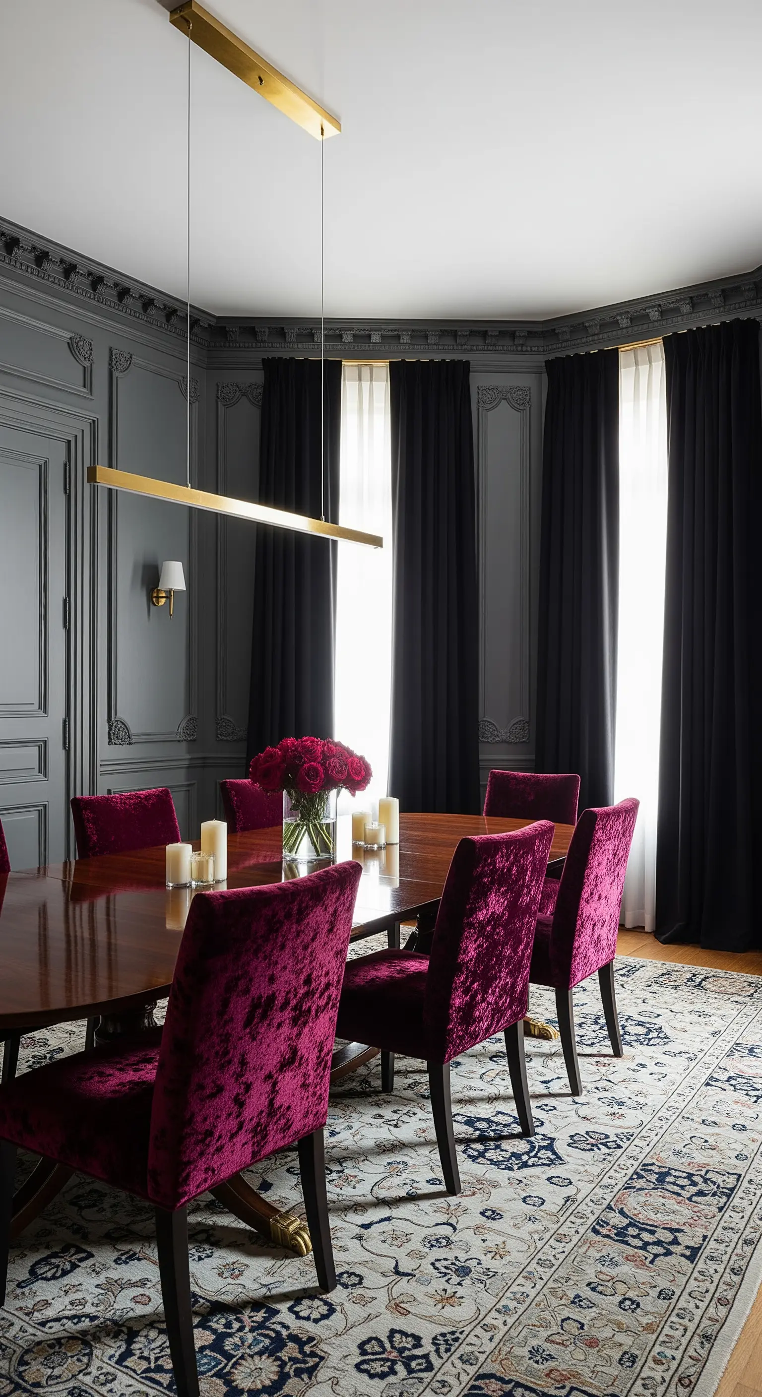 Graues Esszimmer mit violetten Samtstühlen und moderner Goldlampe