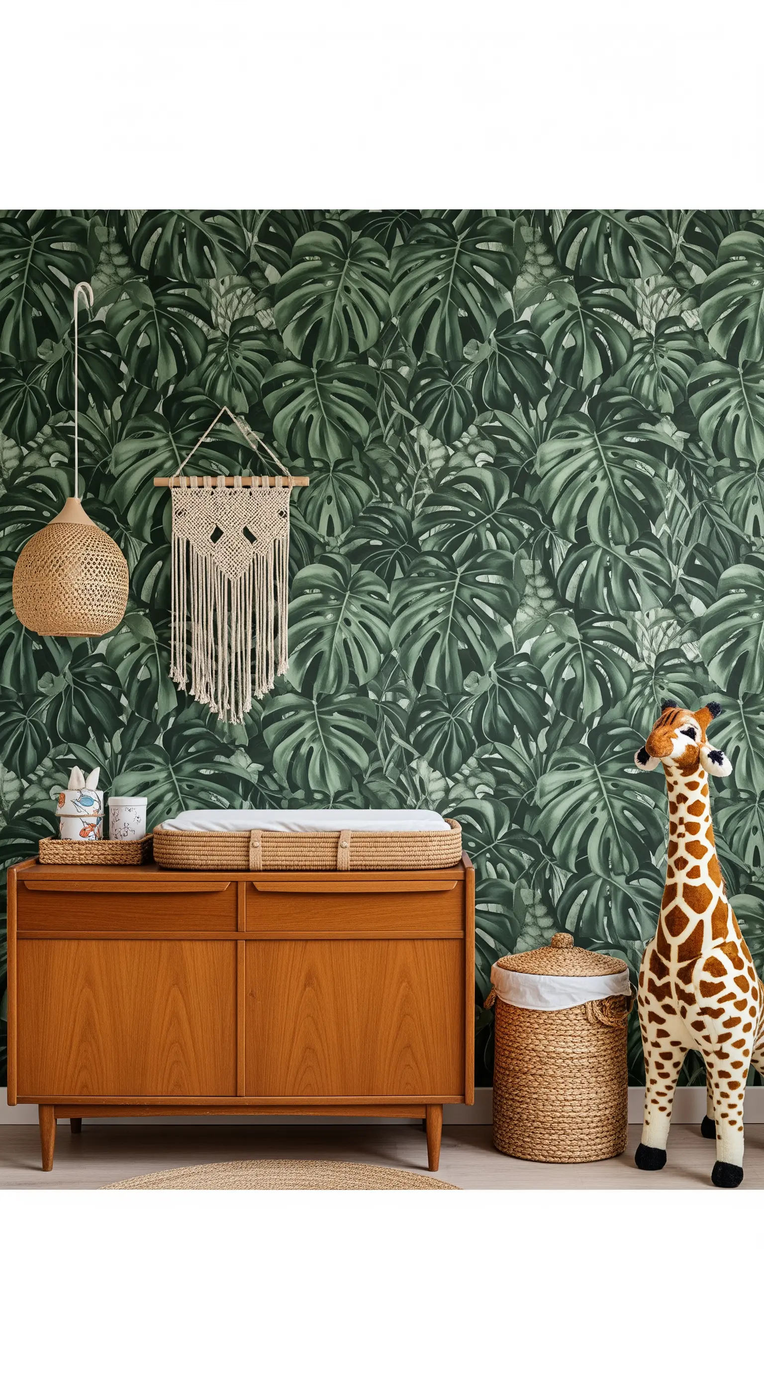 Dunkelgrüne Monstera-Tapete kombiniert mit Vintage-Kommode