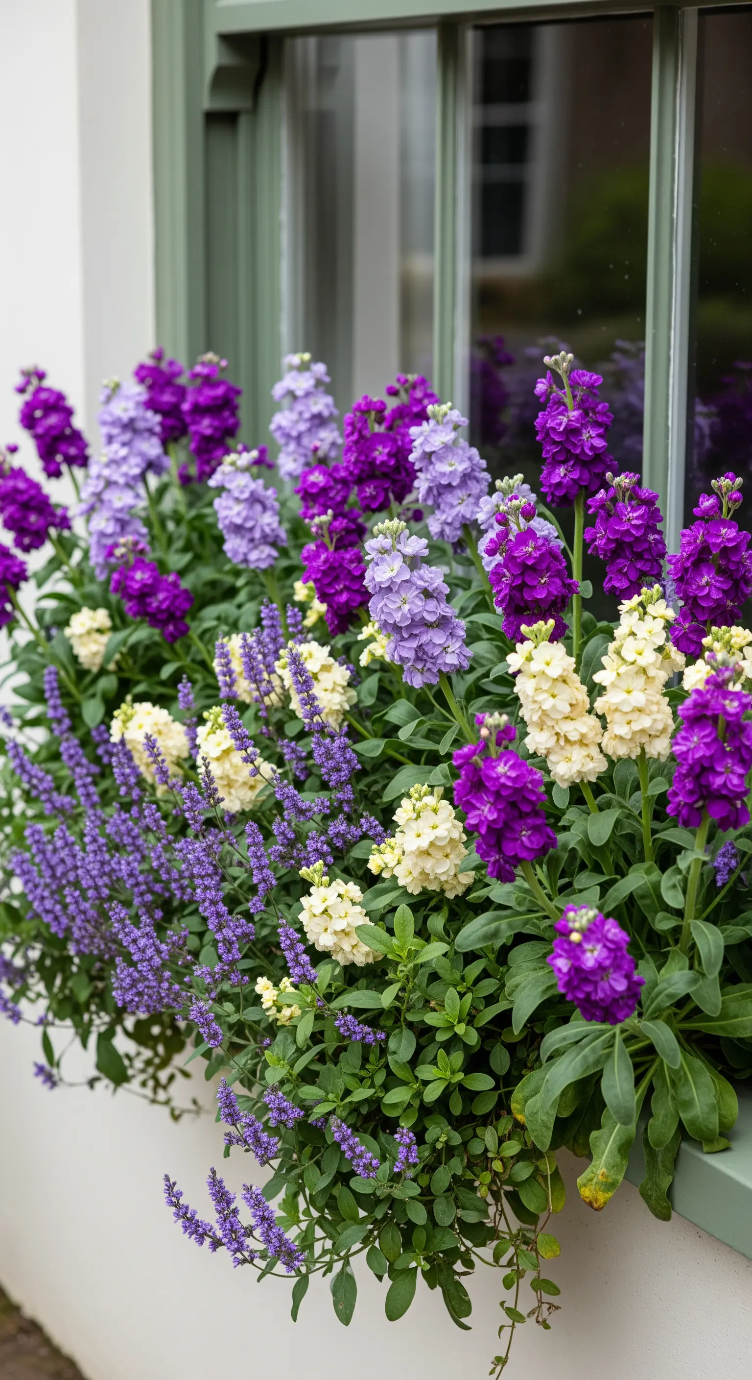 Fensterbank mit lila und weißen Levkojen und Salbei