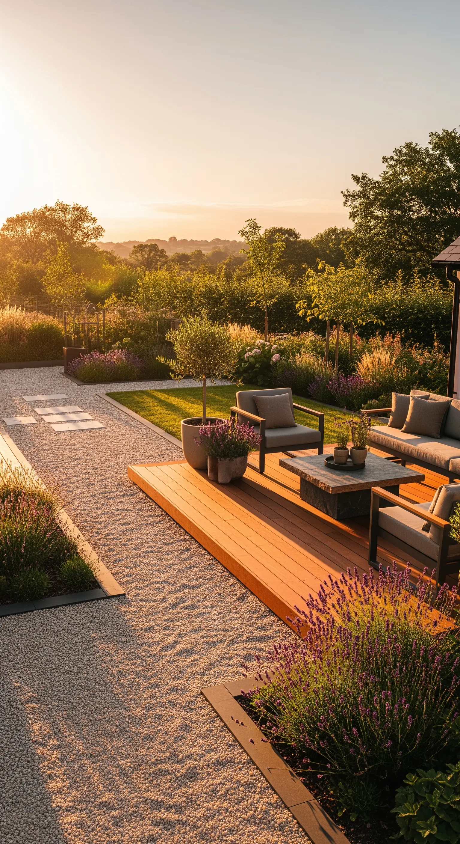 Lavendelbüsche blühen neben Holzdeck im Abendlicht