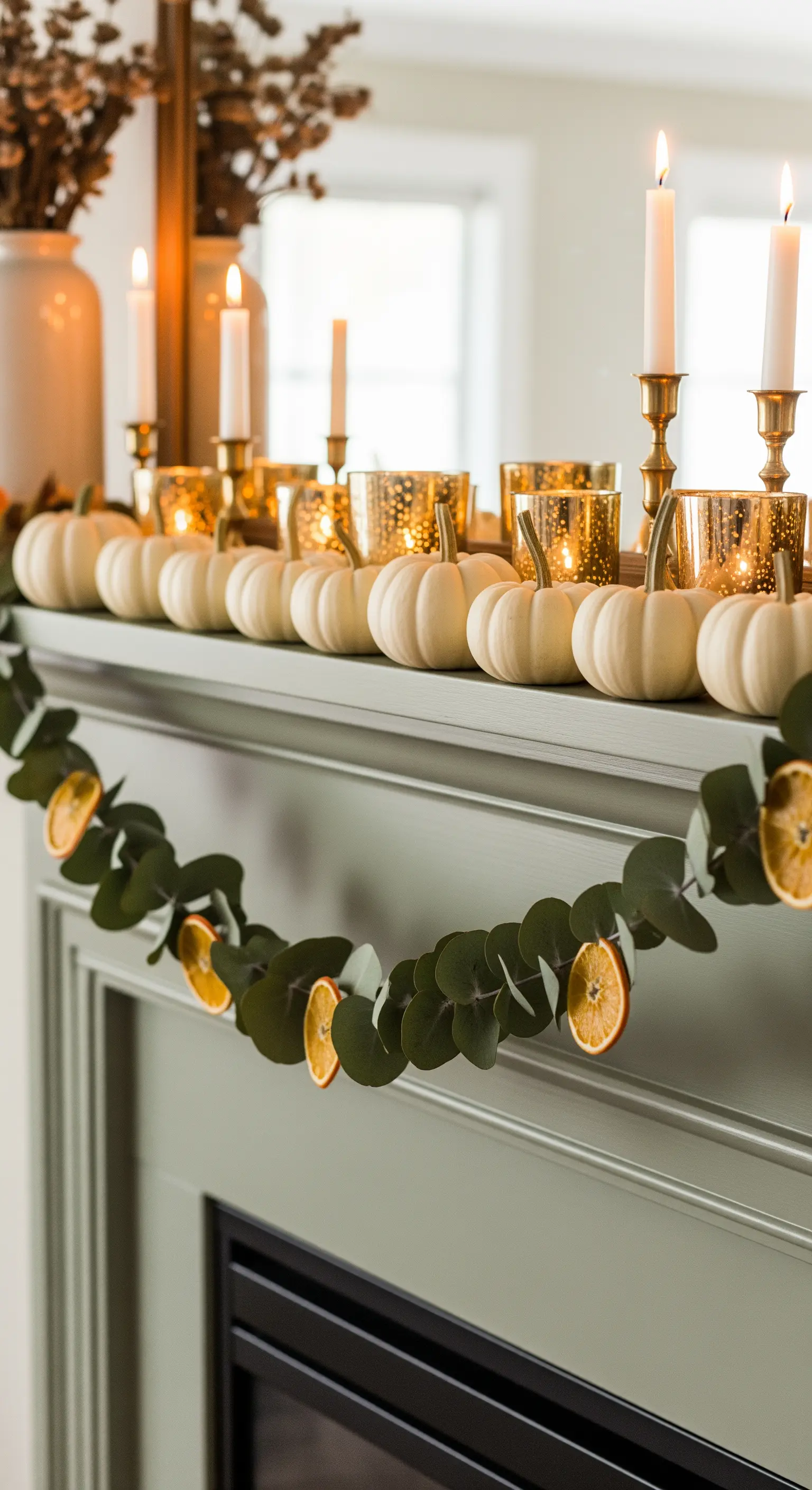 Grüne Kaminkonsole mit weißen Kürbissen und Orangenscheiben-Girlande
