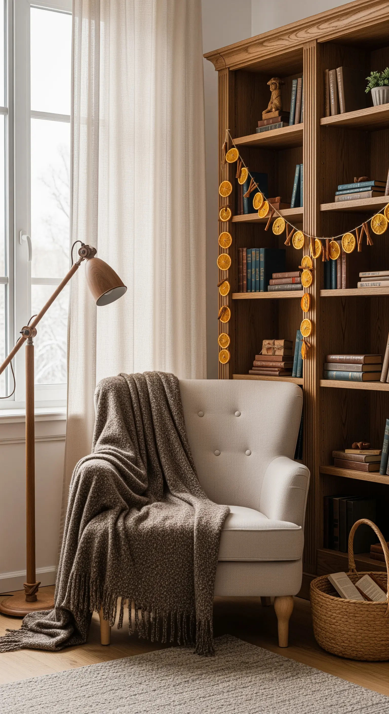 Getrocknete Orangengirlande am Holzregal neben Sessel
