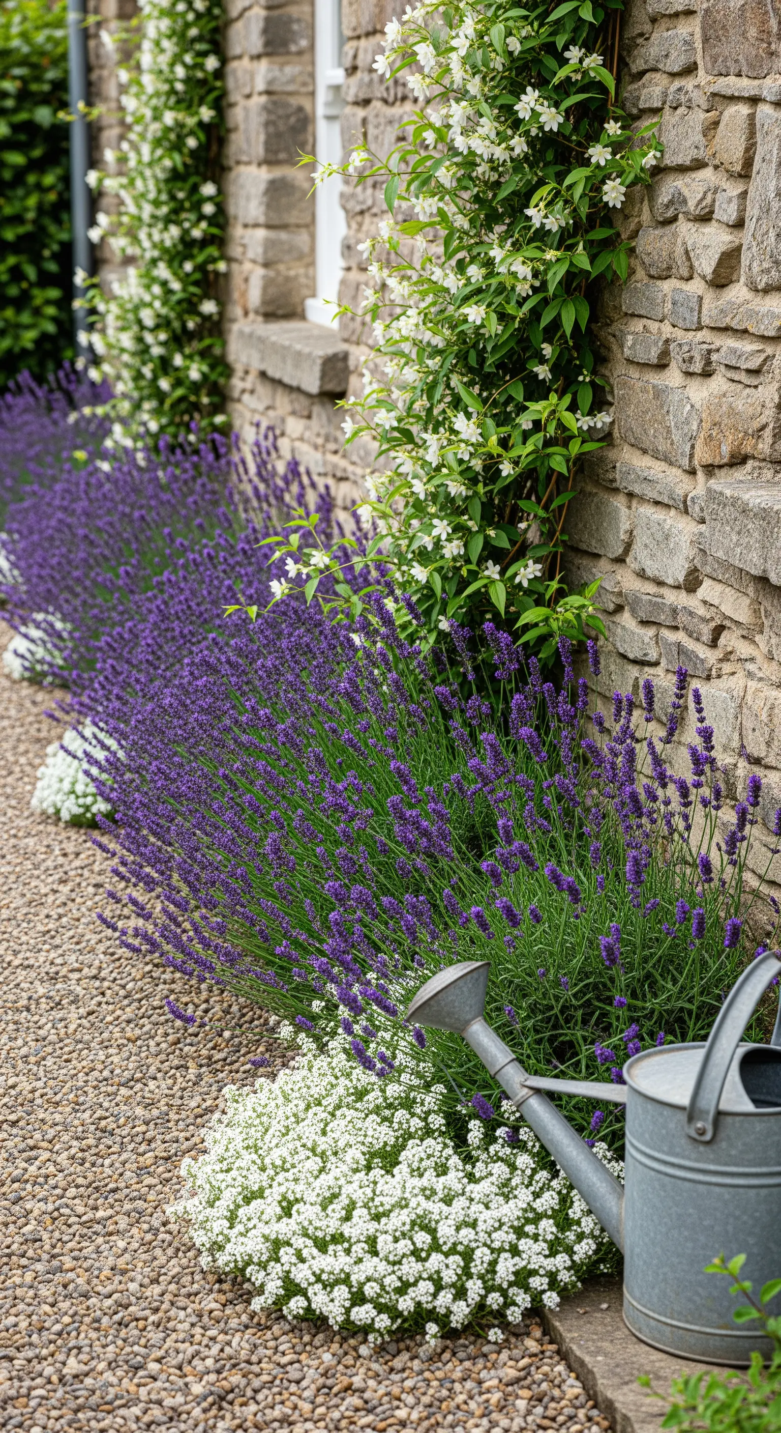Steinwand mit weißem Jasmin und lila Lavendelbeet davor