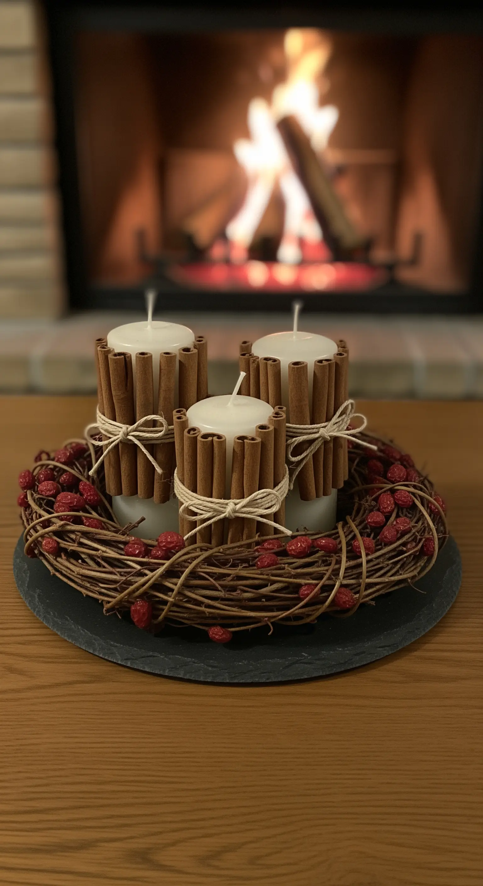 Kerzen umwickelt mit Zimtstangen in einem Kranz aus Zweigen