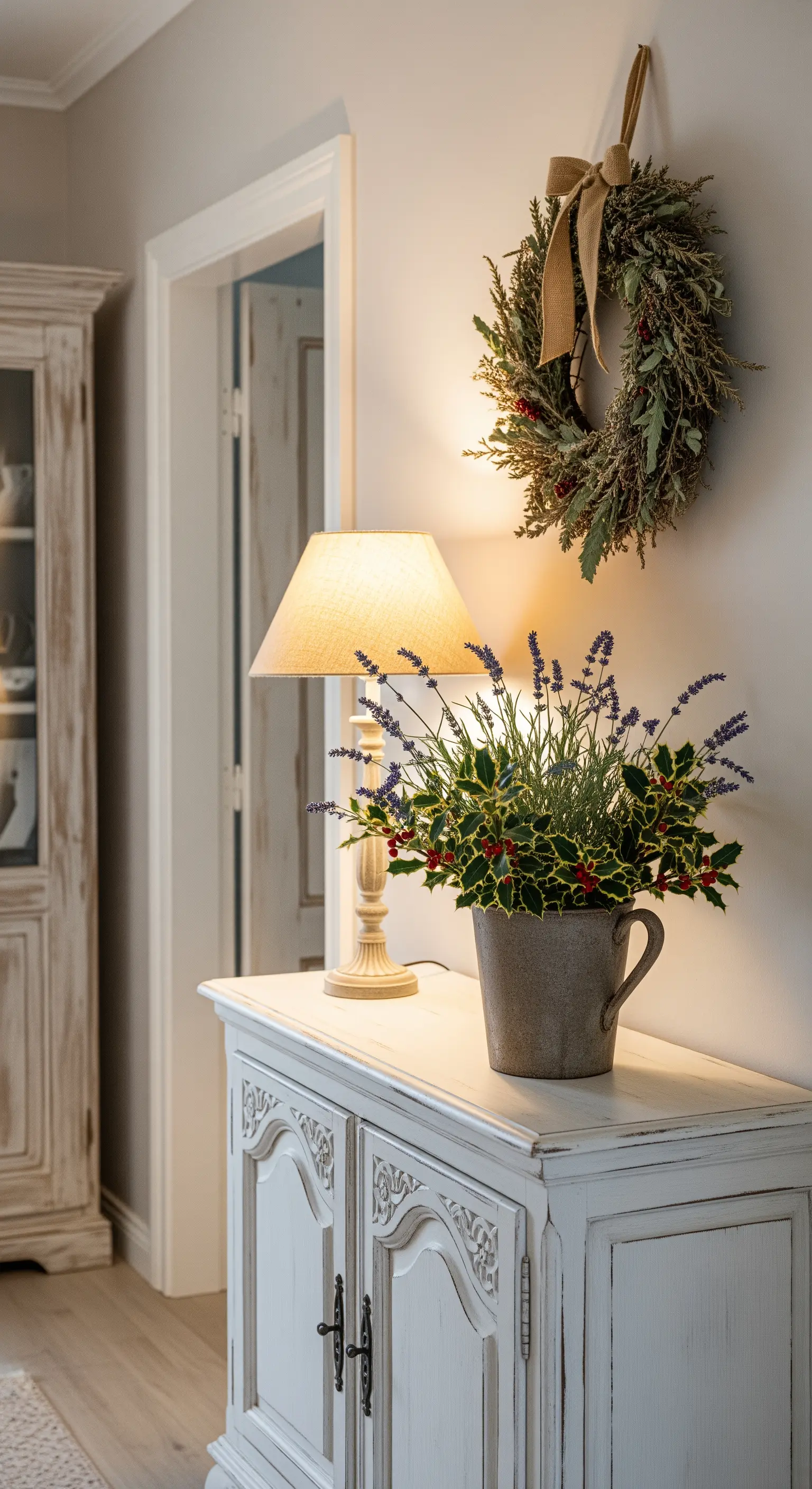 Kräuterkranz über weißem Landhausschrank