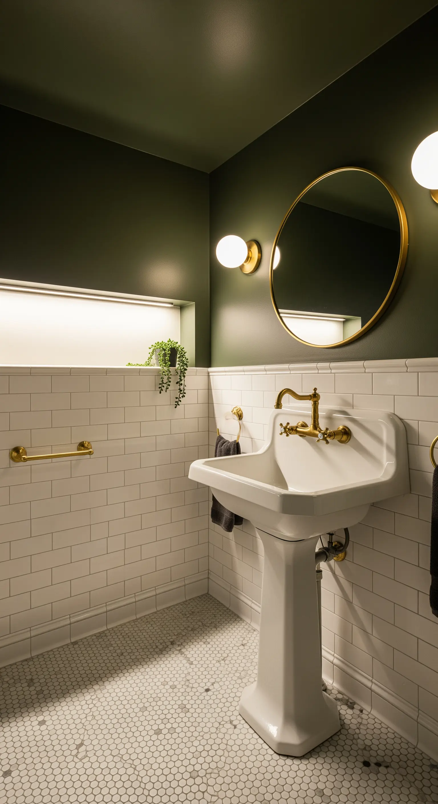 Dunkelgrünes Bad mit weißen Fliesen, goldener Armatur und Lichtnische