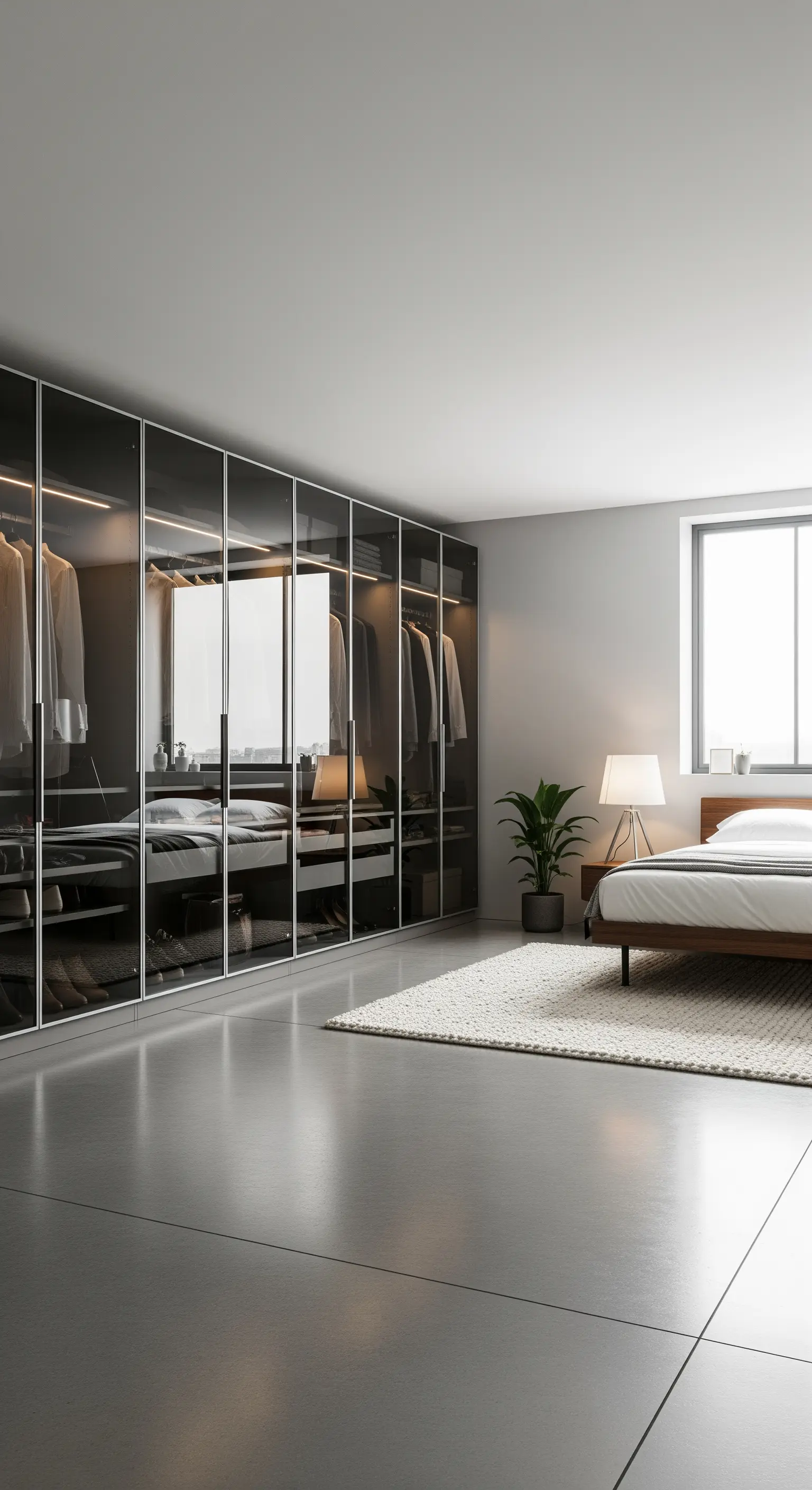 Begehbarer Kleiderschrank mit Rauchglas und Beleuchtung