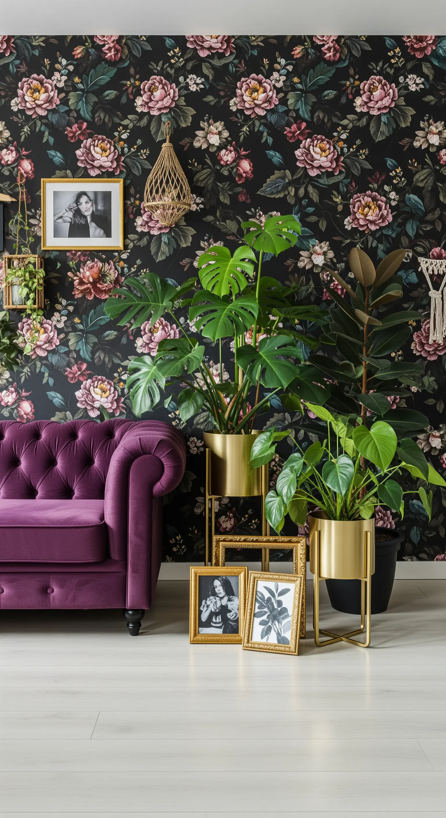 Lila Samtsofa vor dunkler Blumentapete mit Monstera-Pflanzen