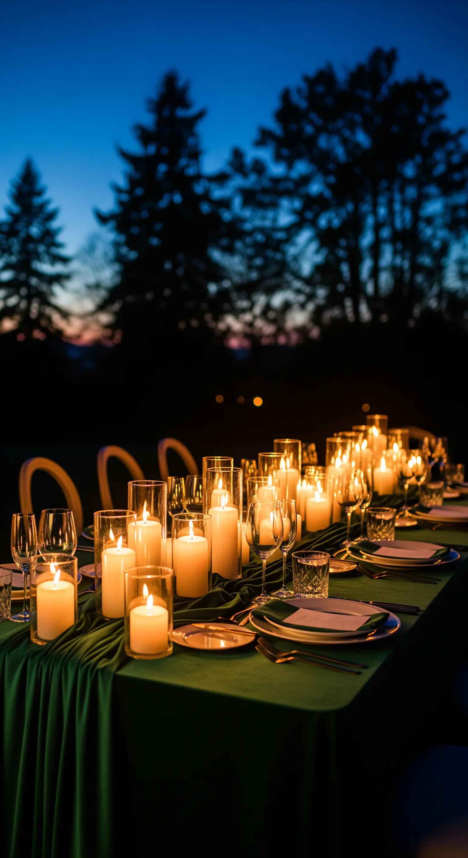 Lange Tafel bei Nacht mit vielen Kerzen und grünem Läufer