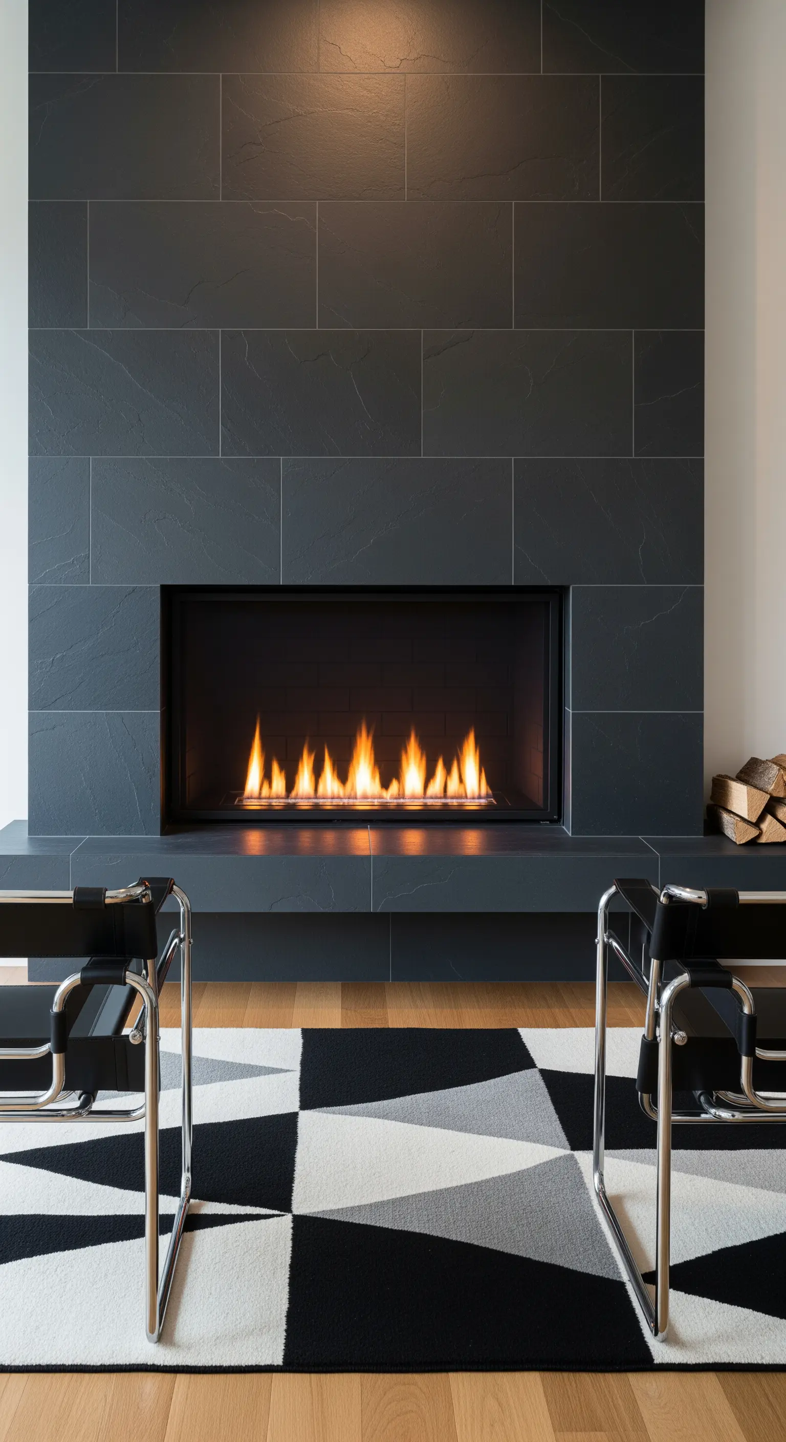 Dunkler Schieferkamin mit Chrom-Sesseln und Grafik-Teppich