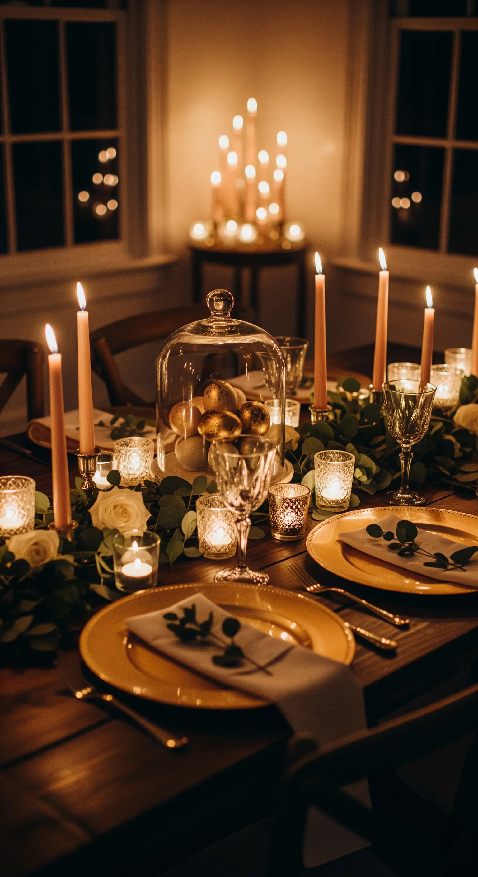 Dunkler Holztisch mit vielen Kerzen und Glasglocke