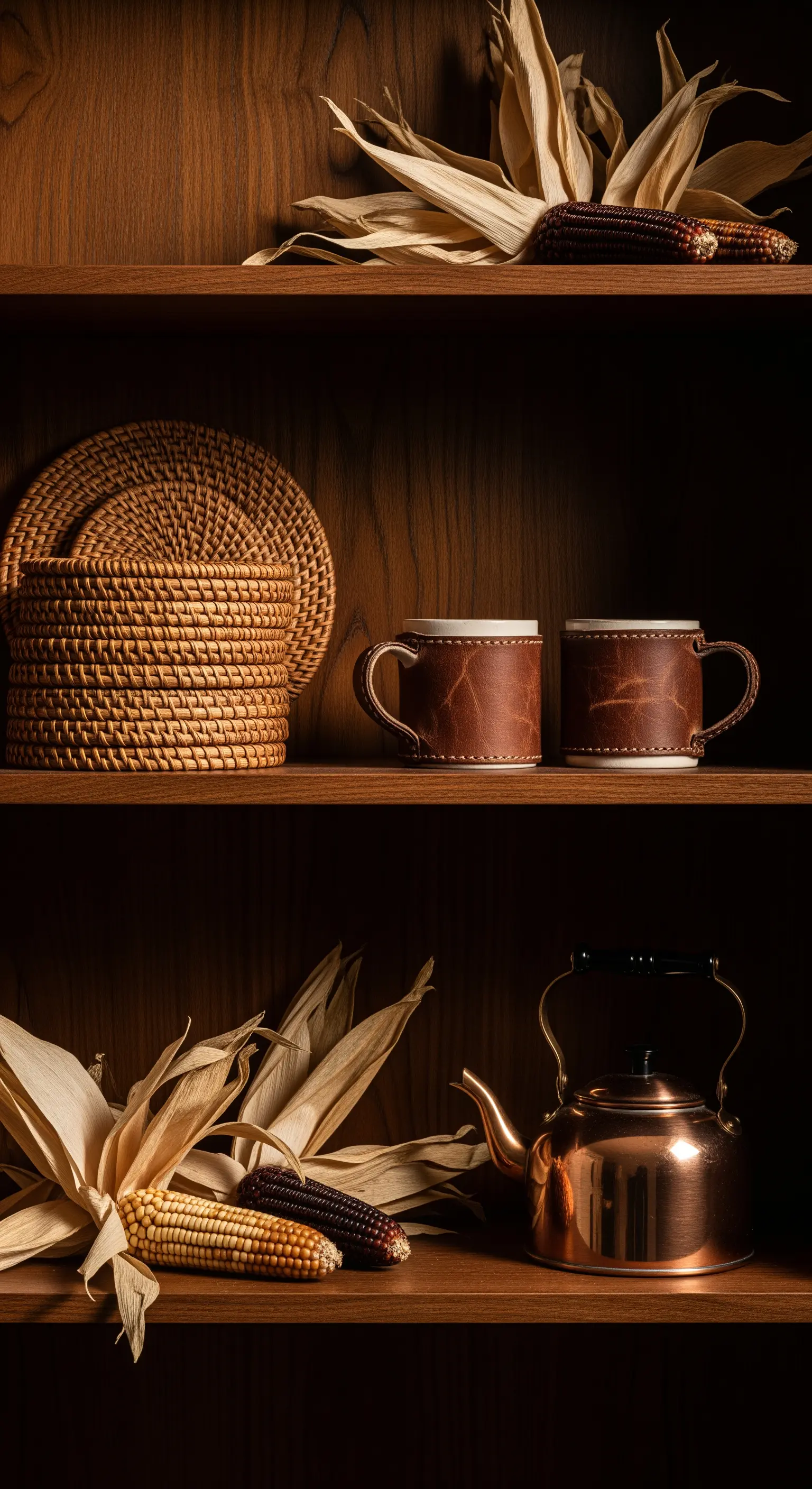 Dunkles Holzregal mit Ziermais, Kupferkessel und lederumwickelten Bechern