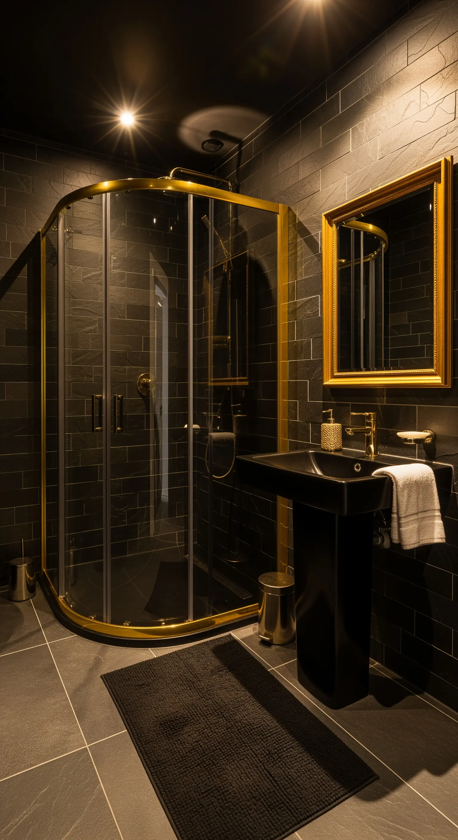 Duschkabine mit Goldrahmen in dunklem Badezimmer