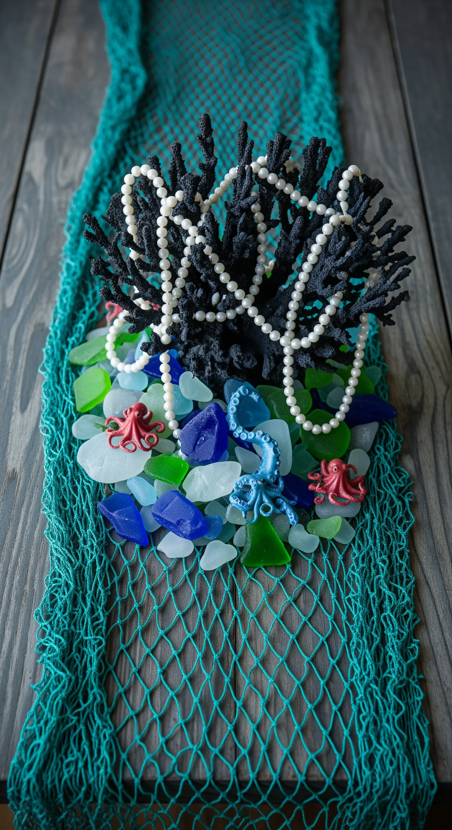 Schwarze Koralle, Perlen und türkisfarbenes Netz auf Holztisch