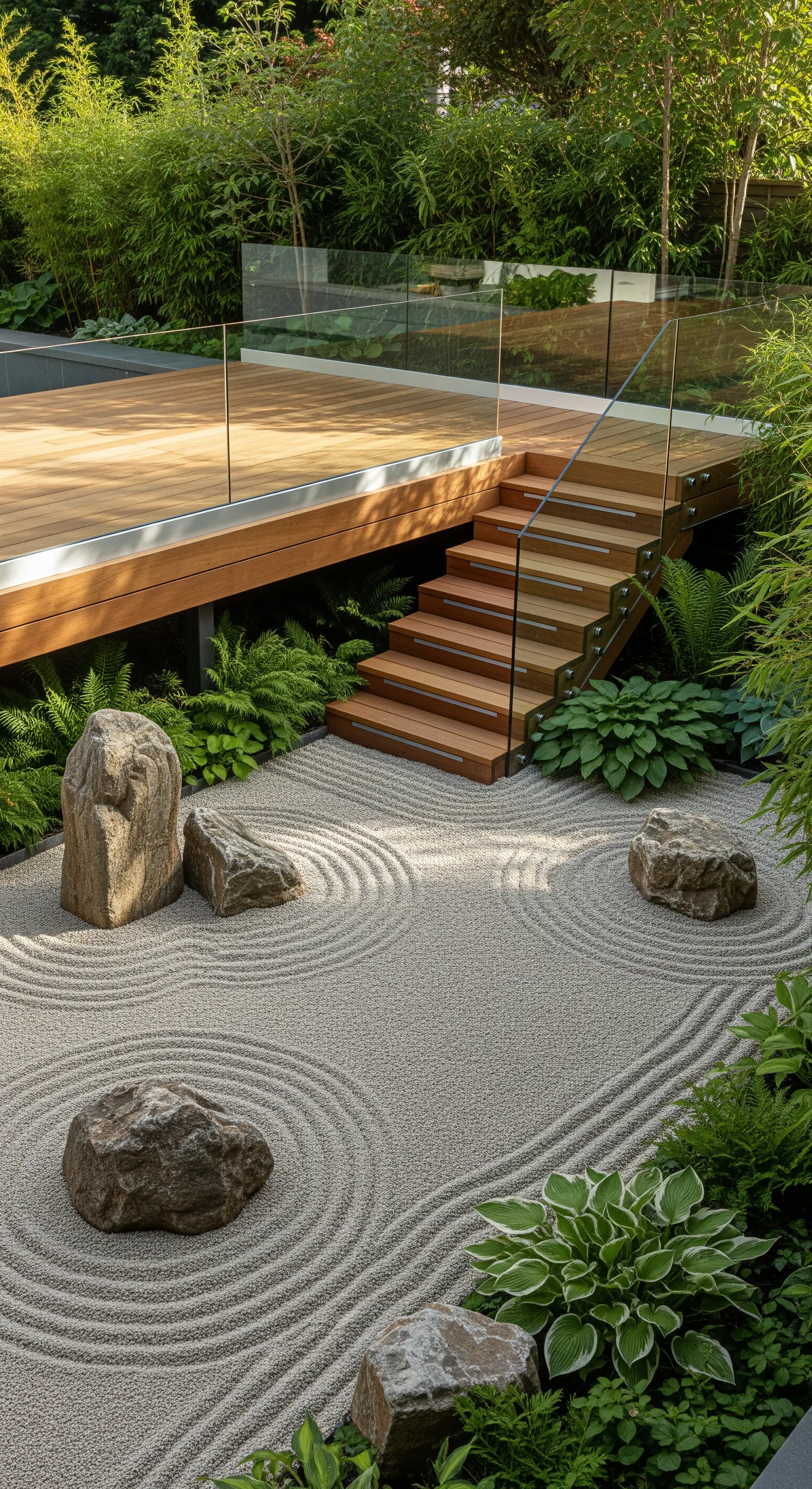 Holzterrasse mit Glasgeländer und Treppe zu Zen-Kiesgarten