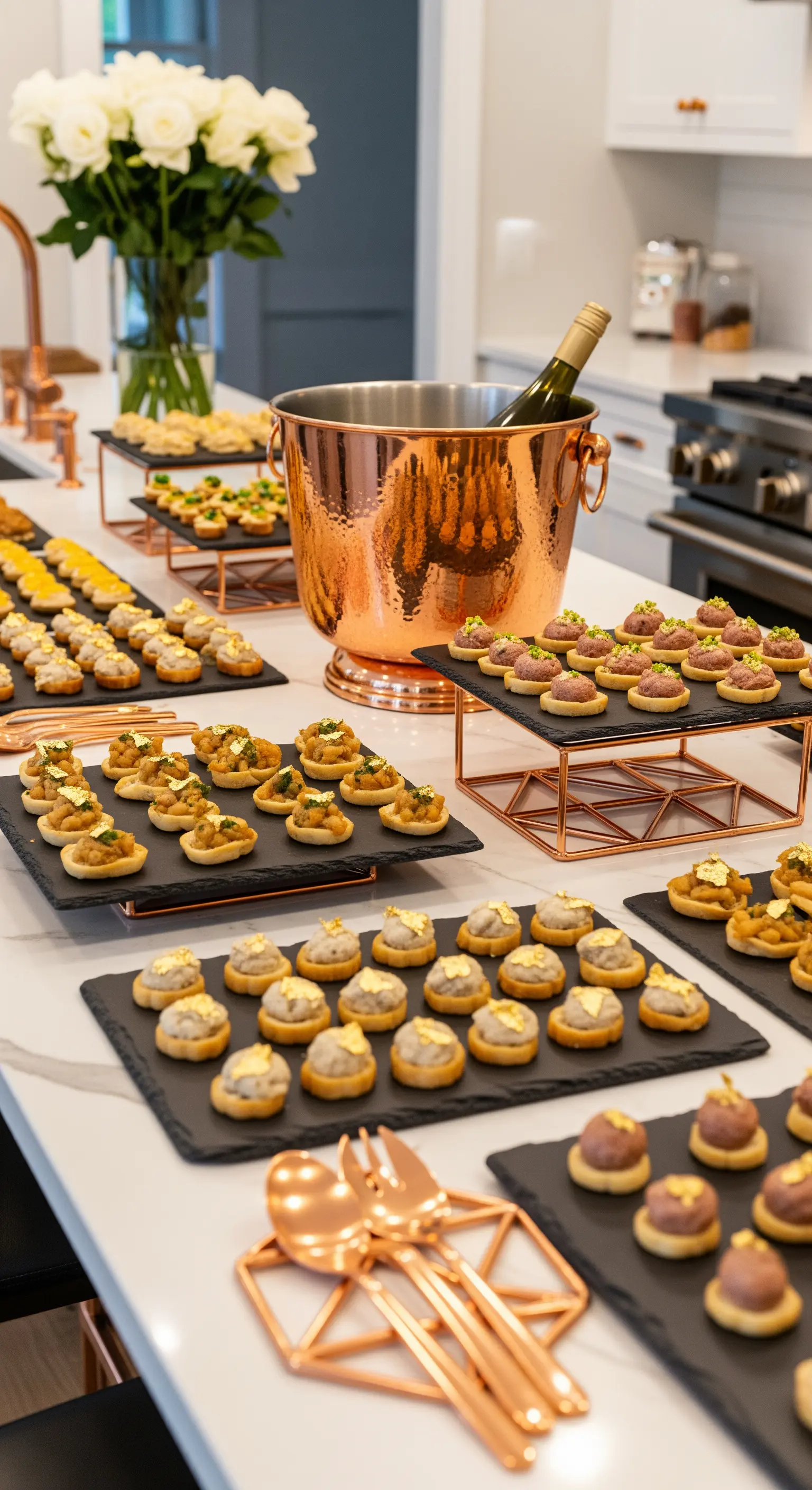 Buffet mit Kupferkübel und schwarzen Etageren für Fingerfood